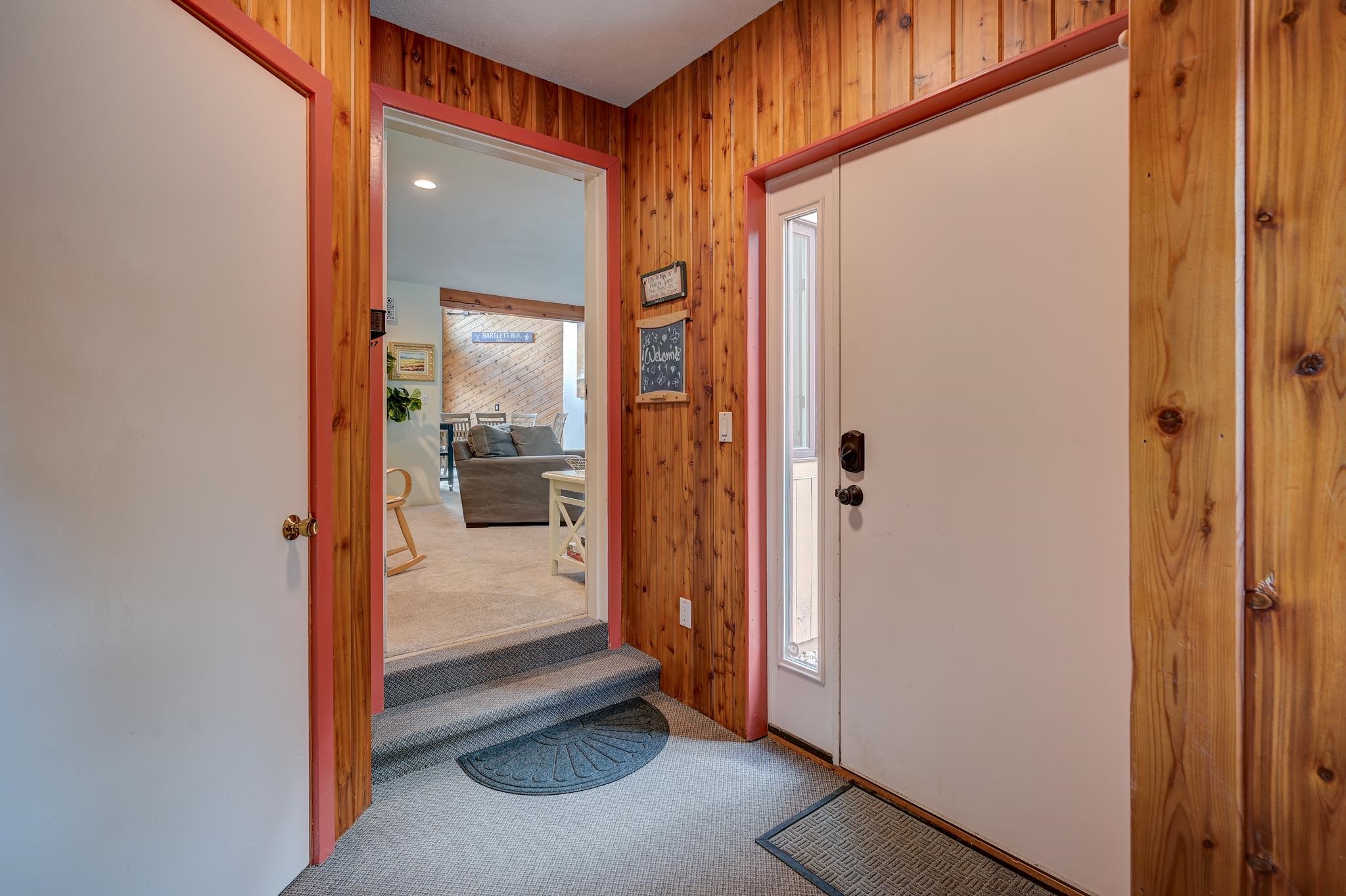 Wood-paneled entryway with carpeted steps leading to a living room and a white front door.