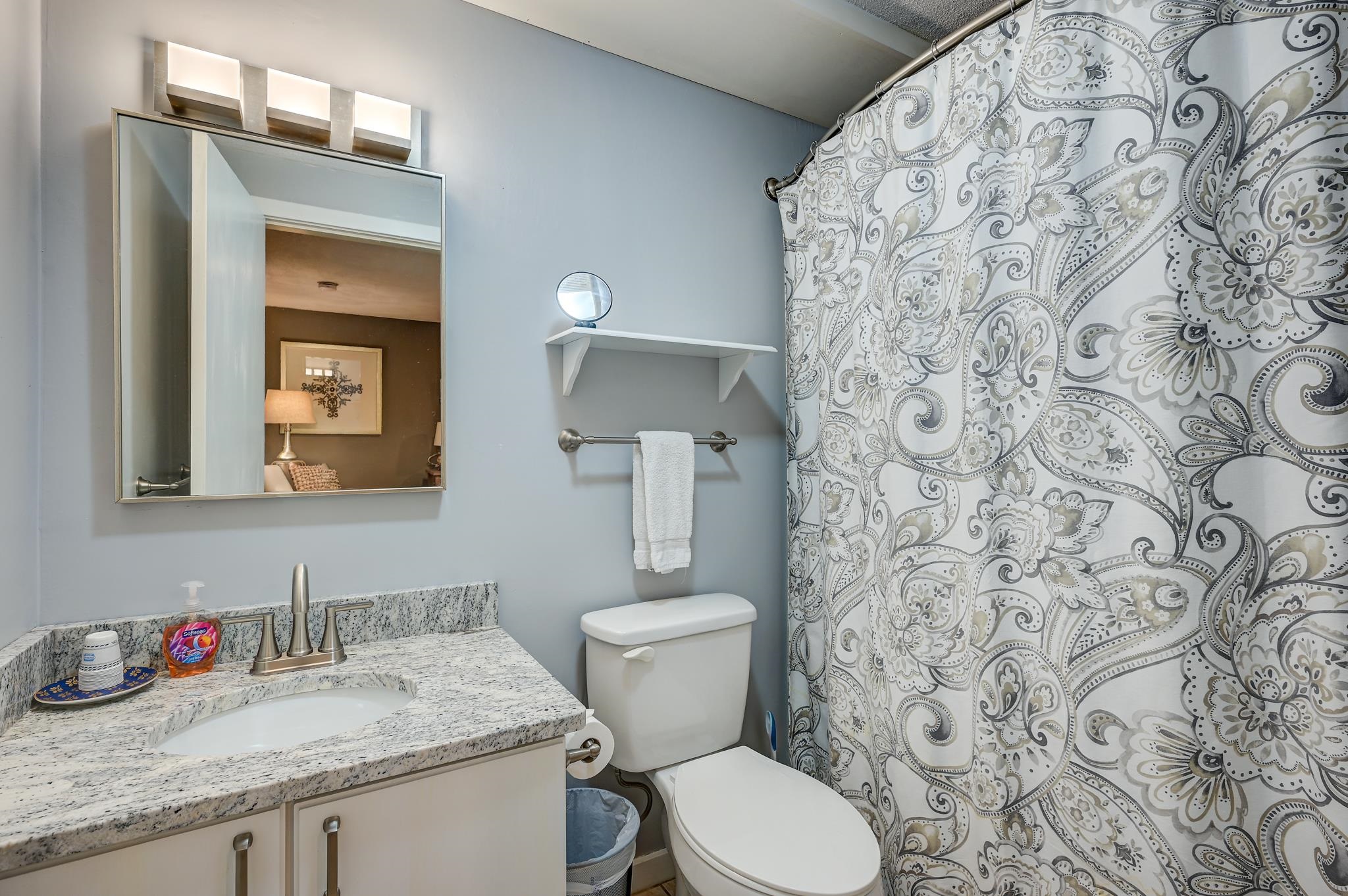 Bathroom with a granite vanity, toilet, and ornate gray-and-white shower curtain.