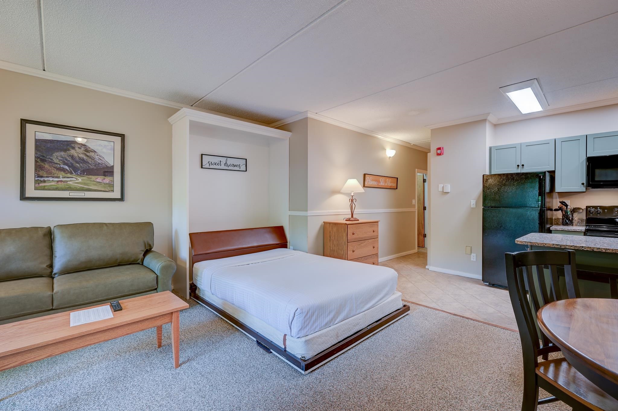 Furnished studio with a bed, sofa, and compact kitchen with blue cabinets.