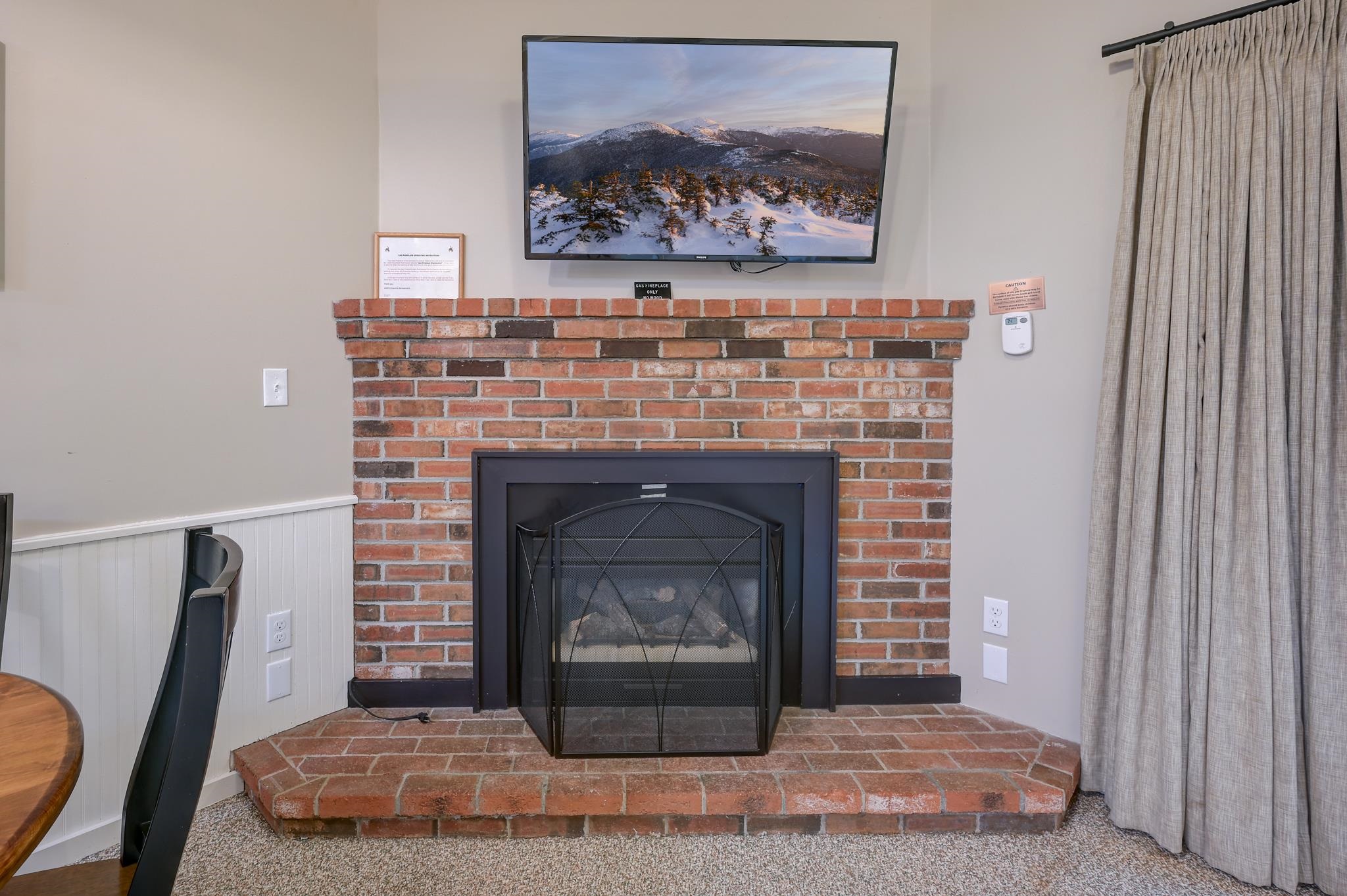 Brick fireplace with a raised hearth, mesh screen, and TV displaying a snowy mountain landscape.