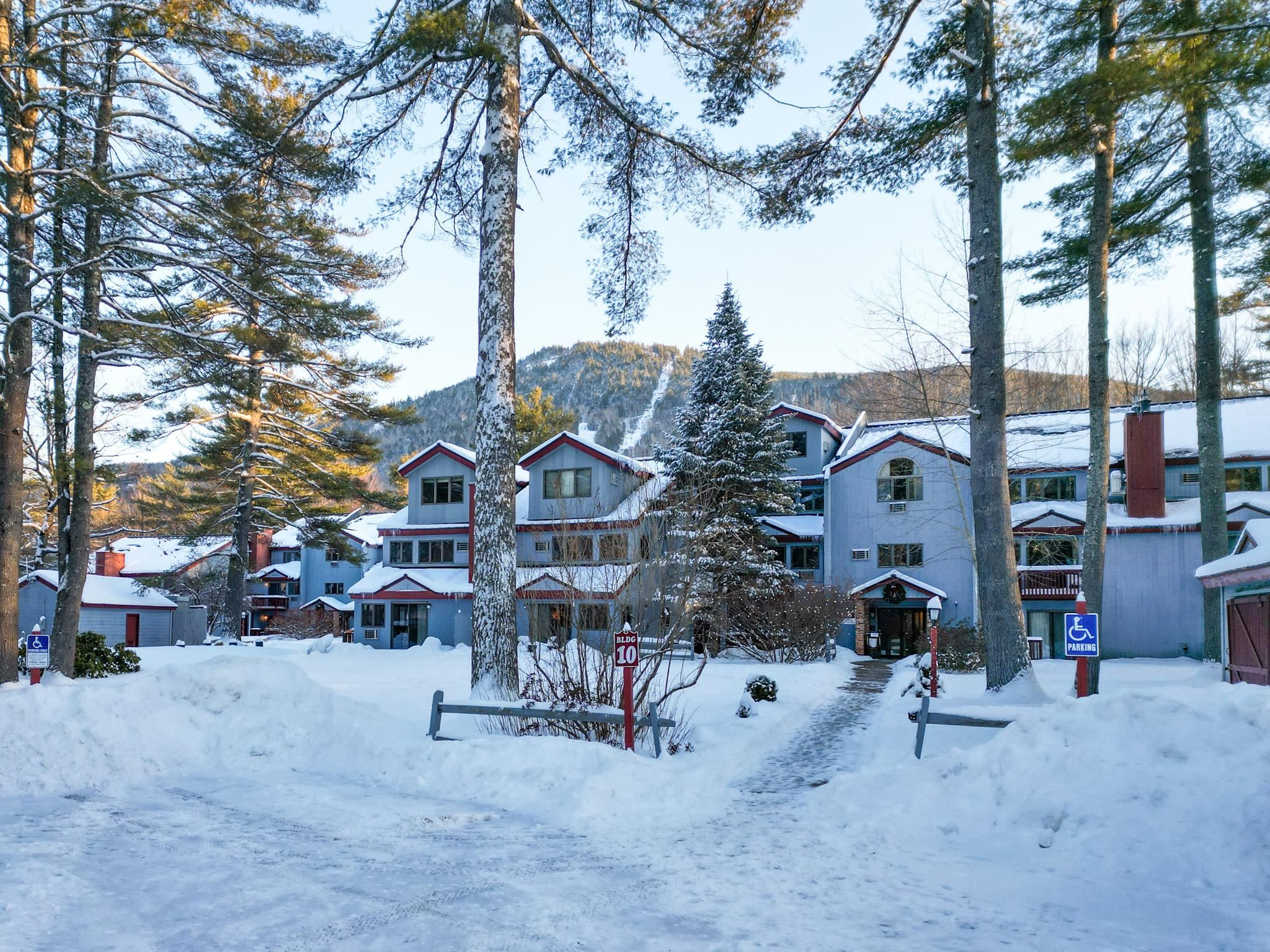 Blue condominium buildings with red trim sit beneath a ski-trail mountain, framed by snow-covered trees.