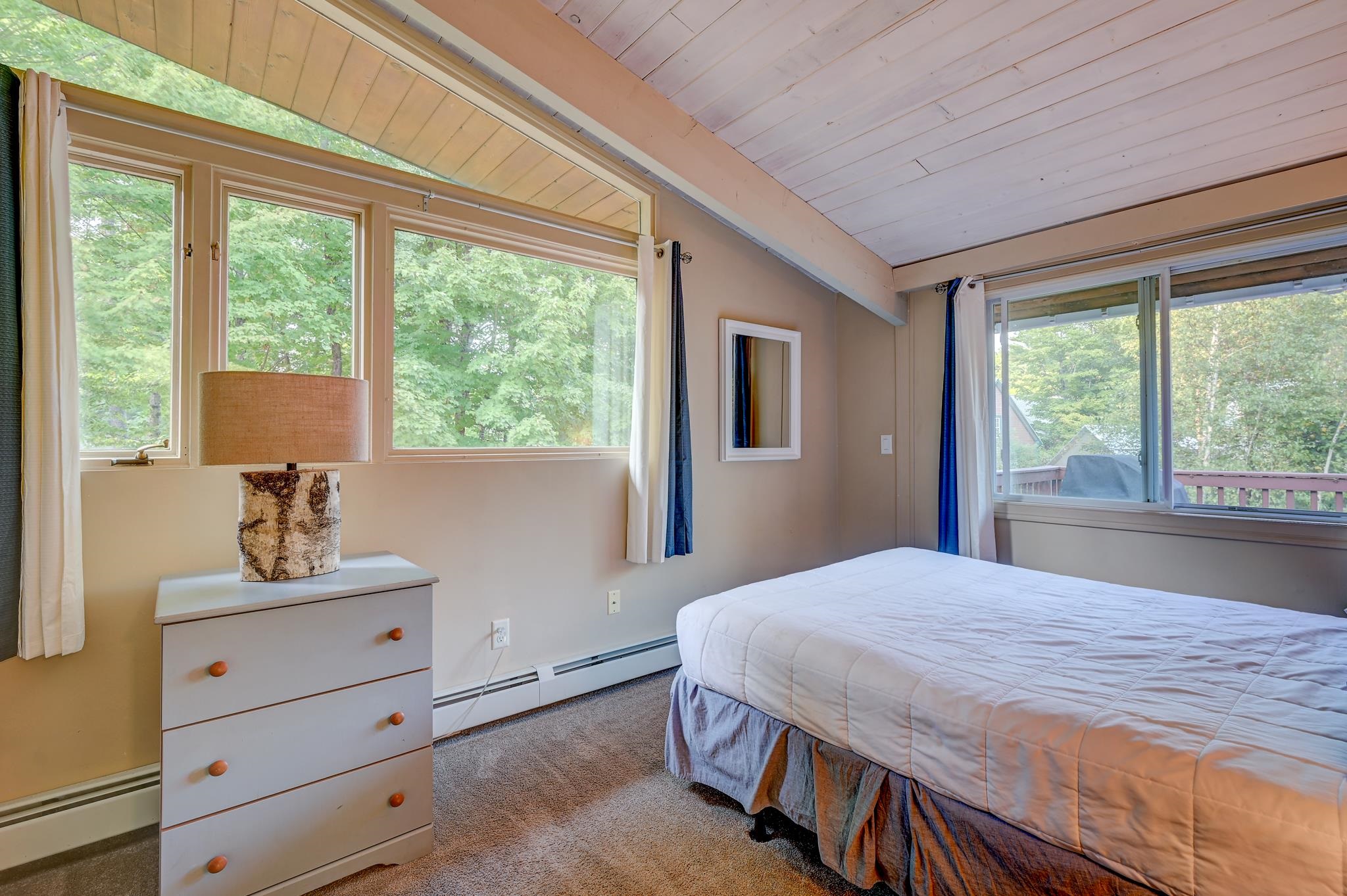 Bedroom with a sloped ceiling, large leafy-view windows, and a bed beside a dresser.