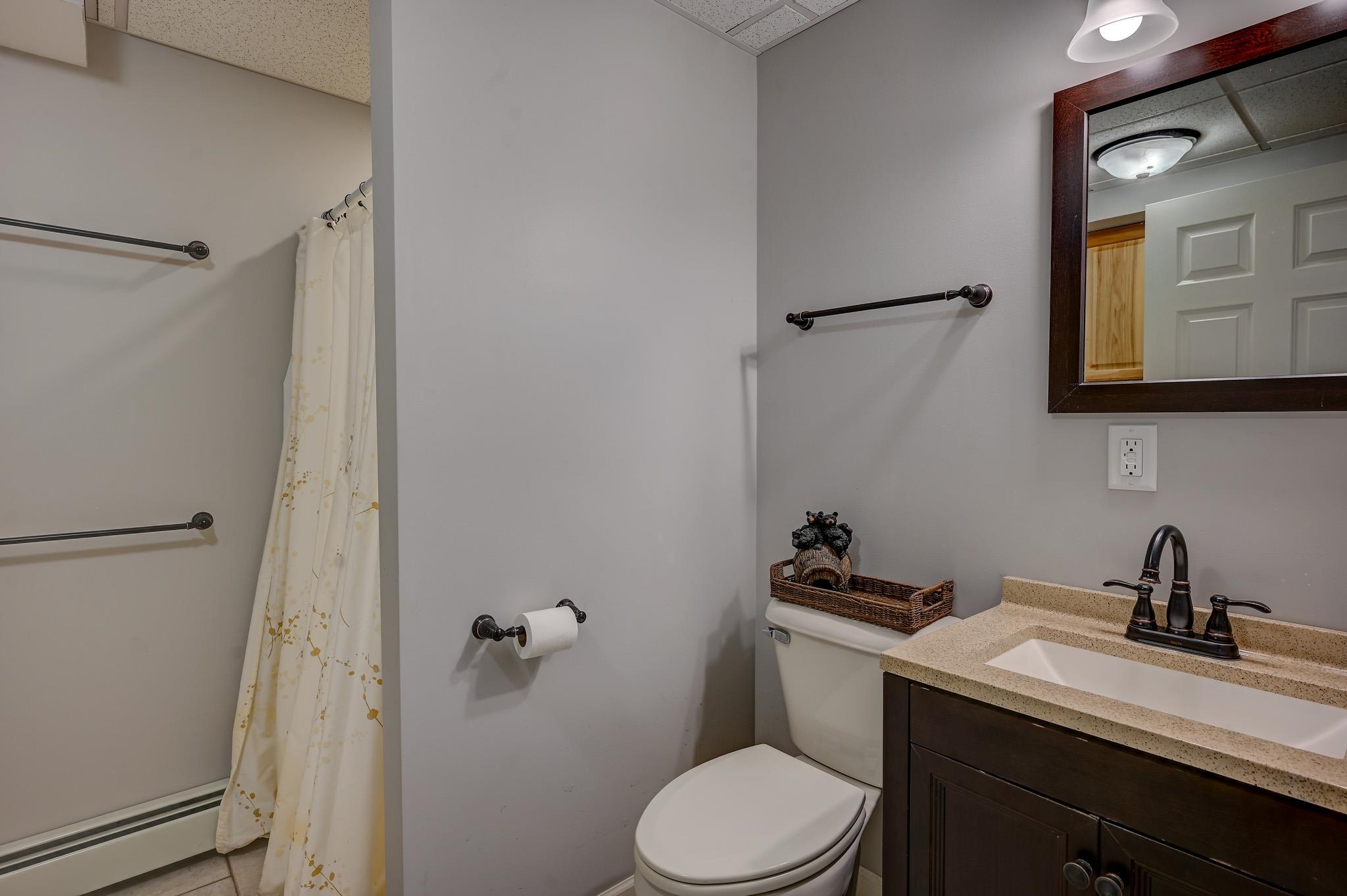 Bathroom with a floral shower curtain, toilet, and dark wood vanity.