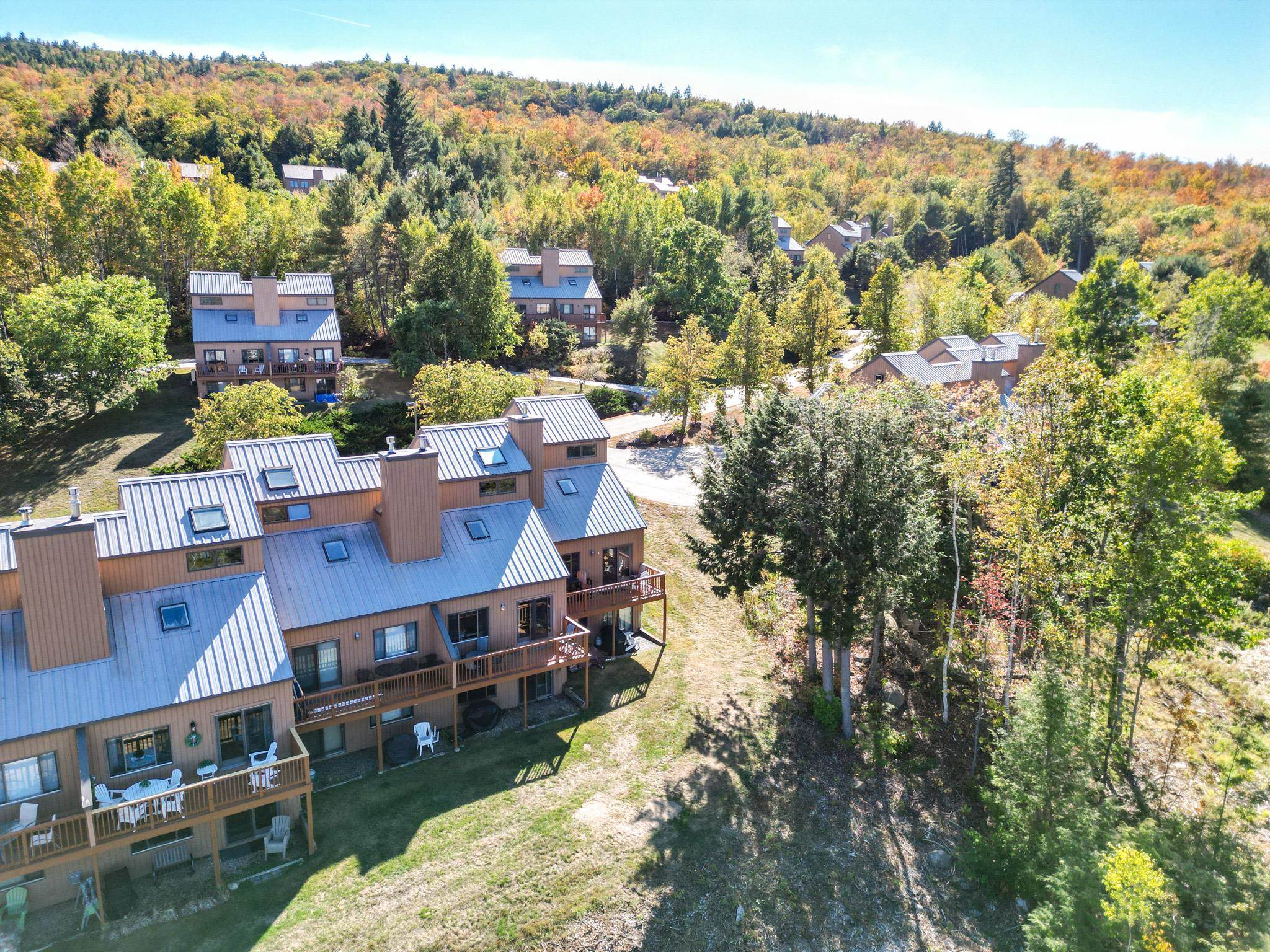 Aerial view of homes with metal roofs and decks amid autumn trees.