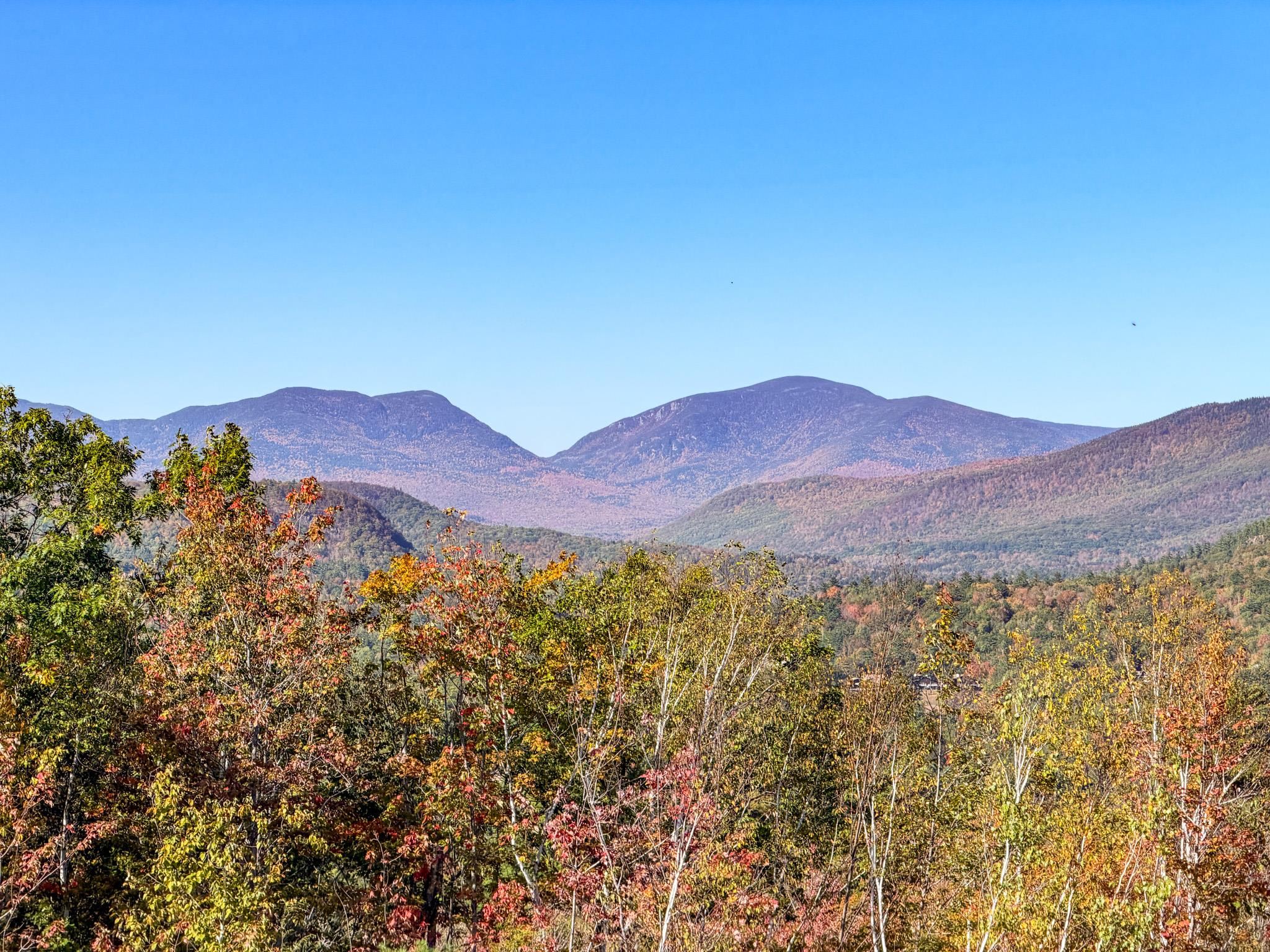 Mountain ridges above an autumn-colored forest under a clear blue sky.