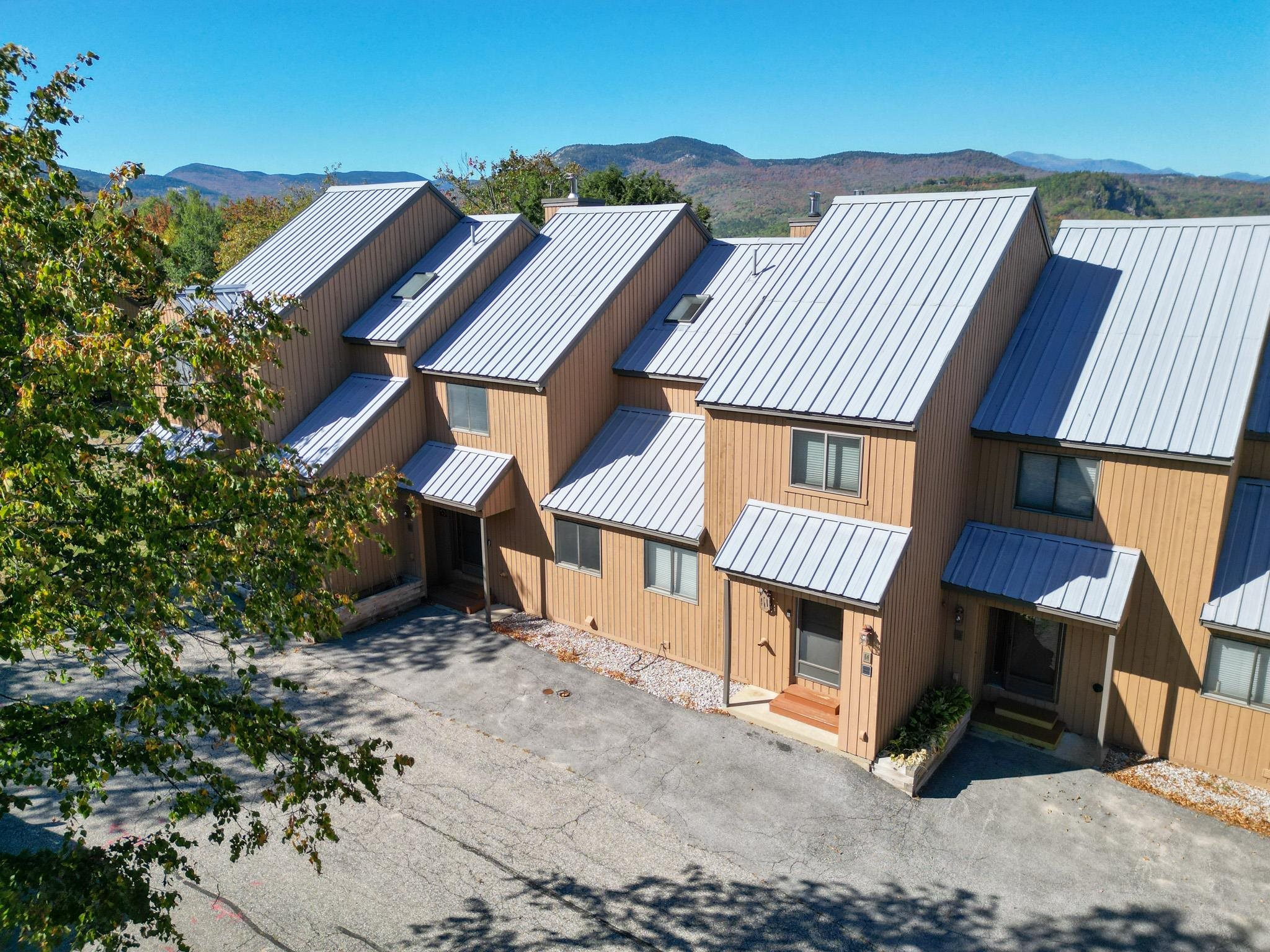 Row of brown townhomes with metal roofs, framed by autumn foliage and mountain views.