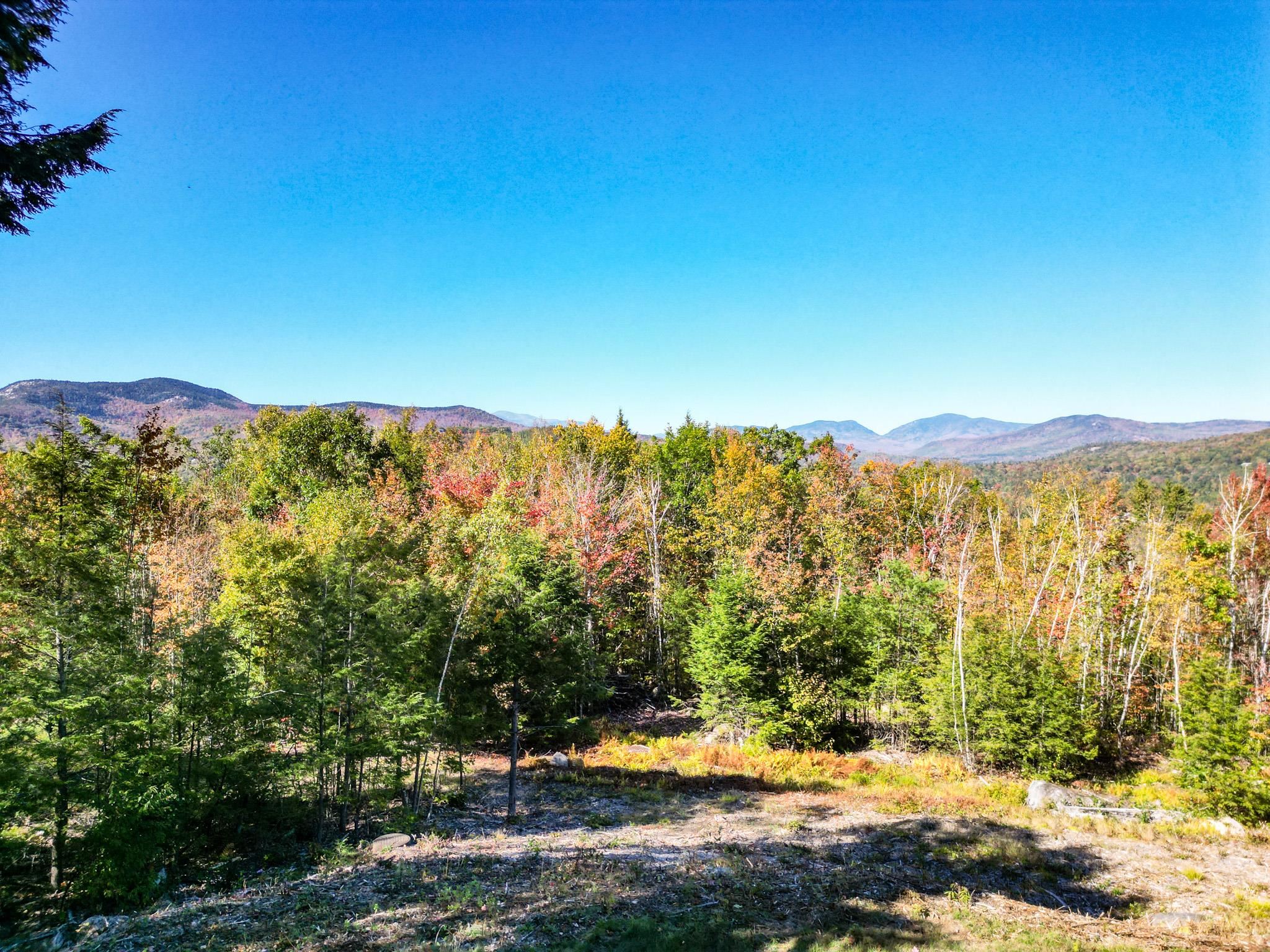 Mountain range beyond an autumn-colored forest and open rocky clearing.