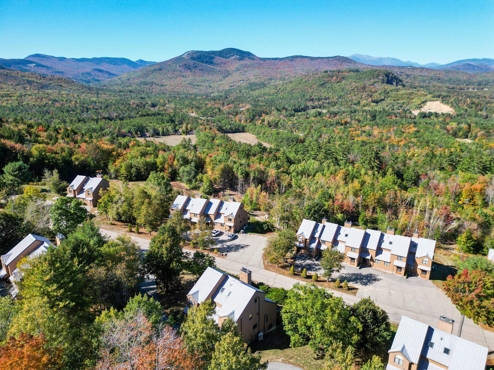 Aerial view of attached homes among autumn woods, with mountains in the distance.