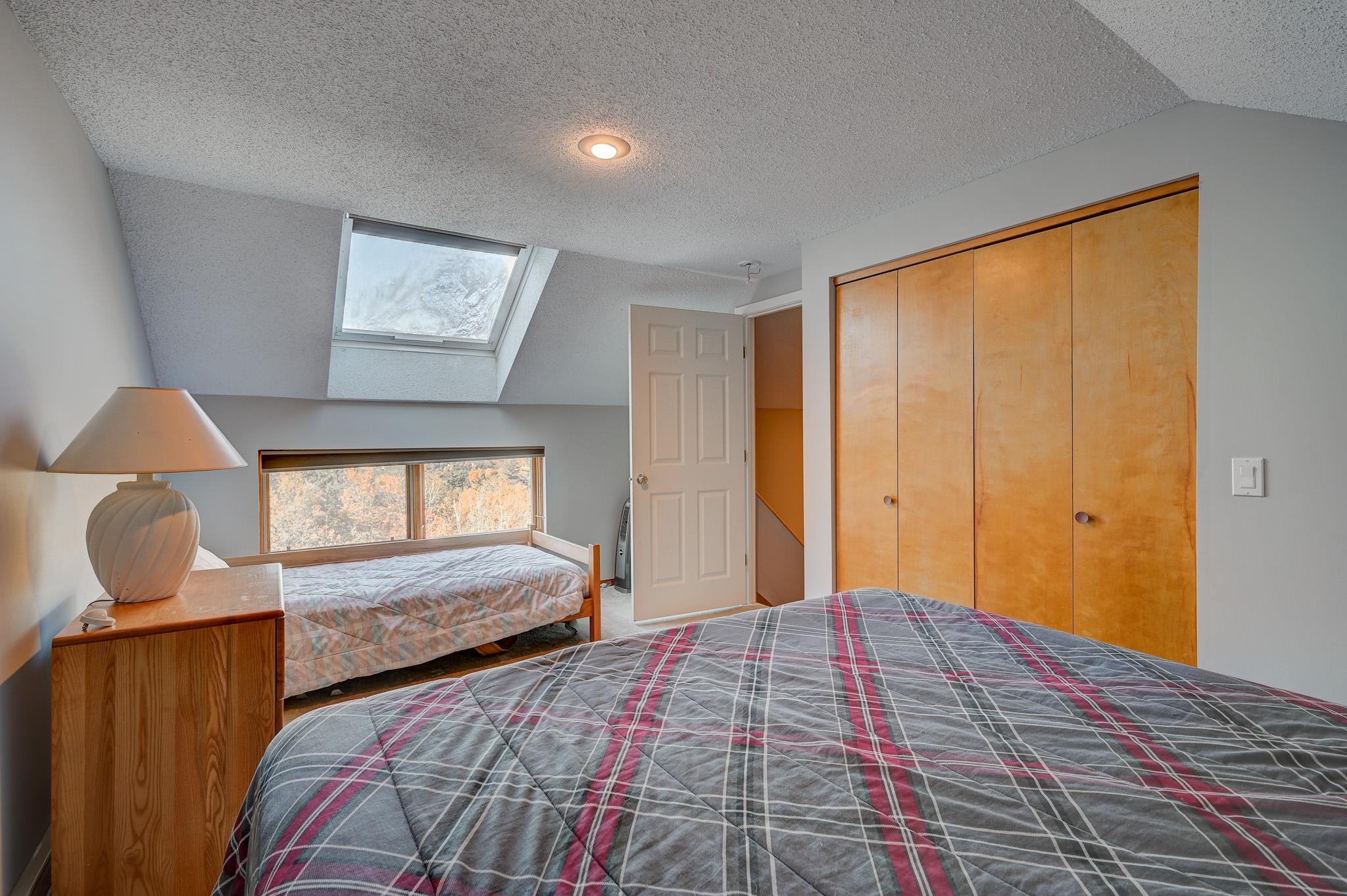 Bedroom with two beds, a large wood-paneled closet, and a skylight.