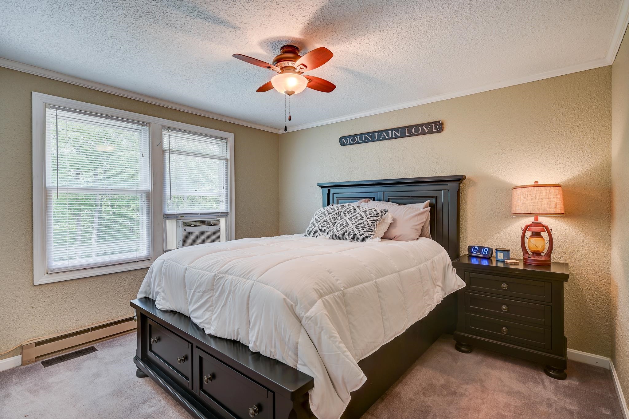 Bedroom with a dark wood bed, white bedding, two bright windows, and a ceiling fan.