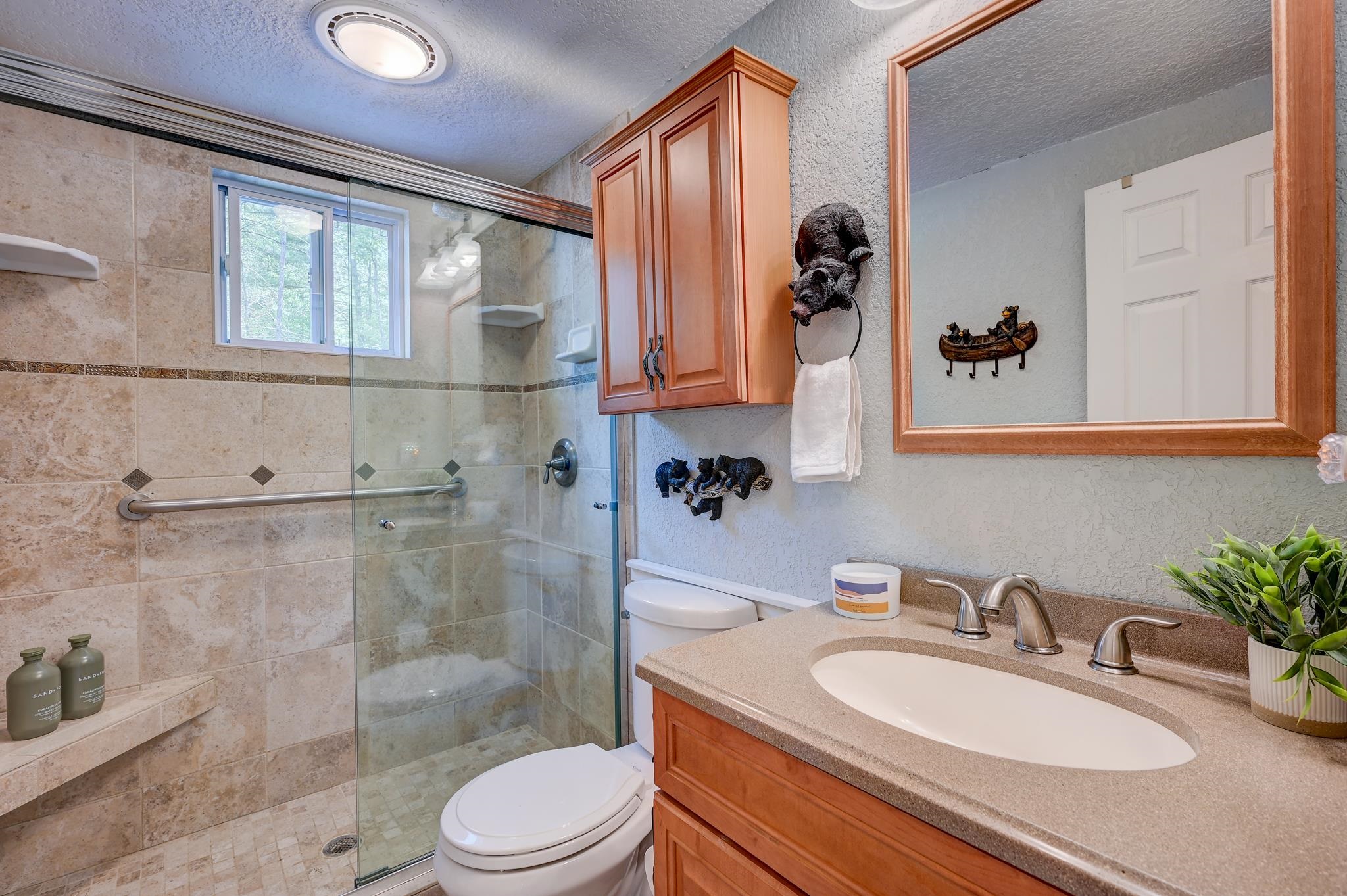 Bathroom with a tiled glass shower, grab bar, window, and wood vanity.