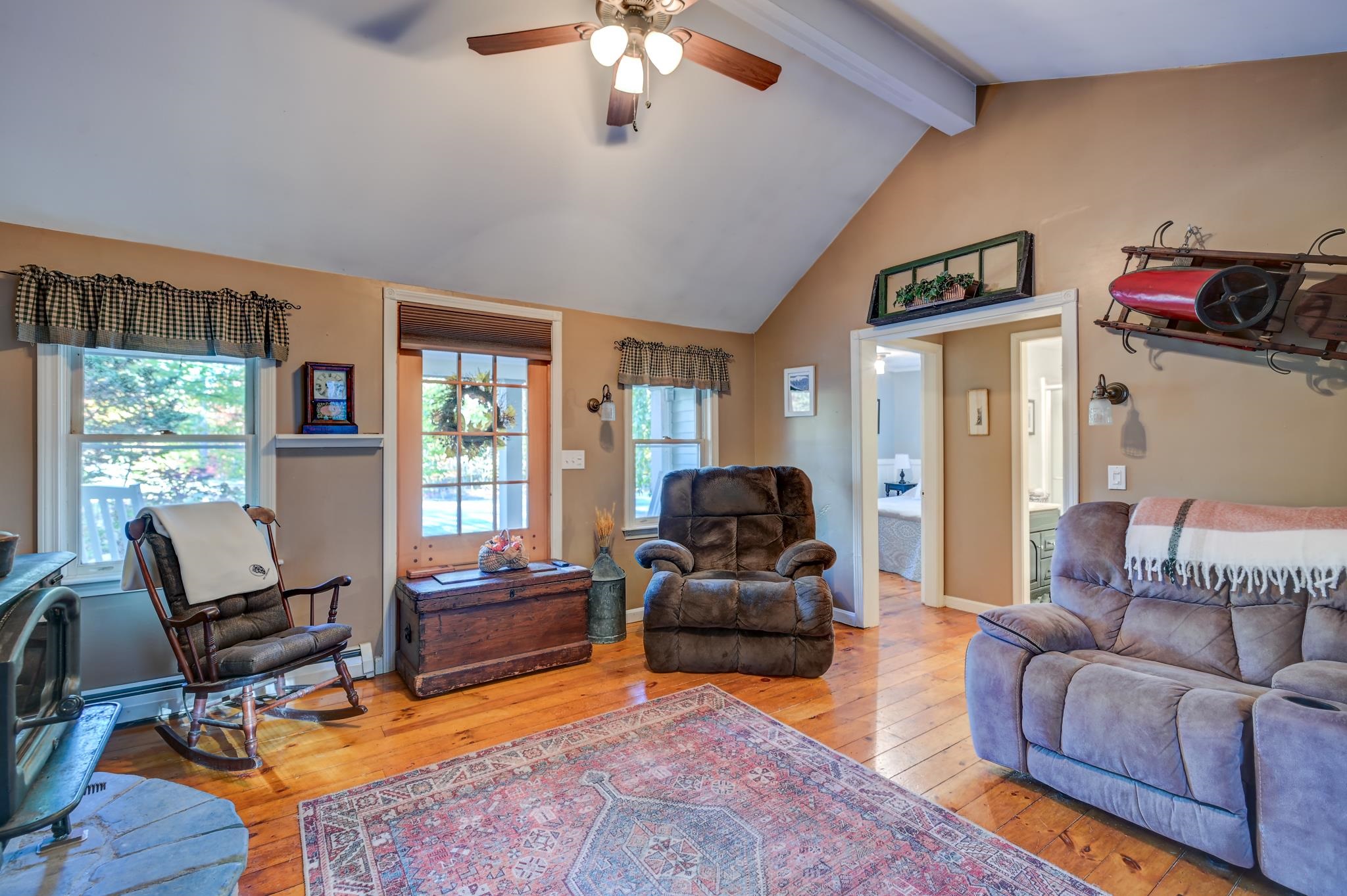 Living room with vaulted ceiling, wood floors, a patterned rug, and a glass-paneled door.
