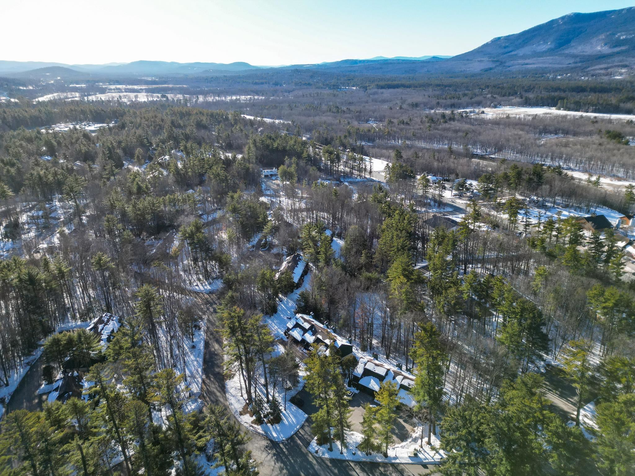 Aerial view of wooded condos with snow-covered roofs and a mountain ridge in the distance.