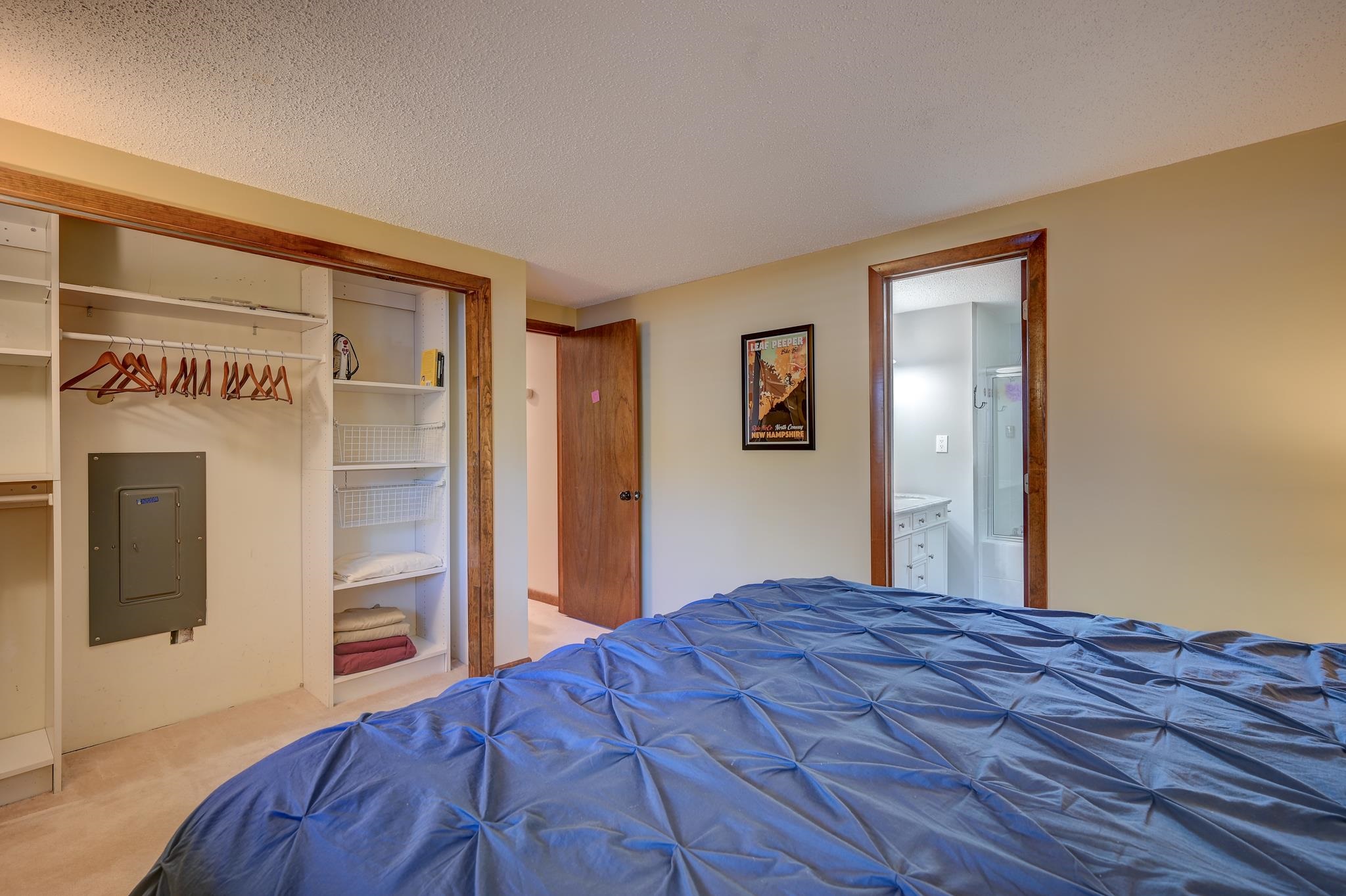 Bedroom with a blue bedspread, open built-in closet, and bathroom visible through the doorway.