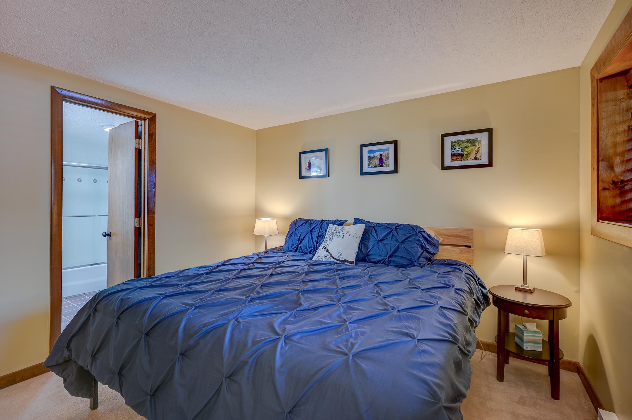 Bedroom with a large bed in blue bedding and an open doorway to the bathroom.
