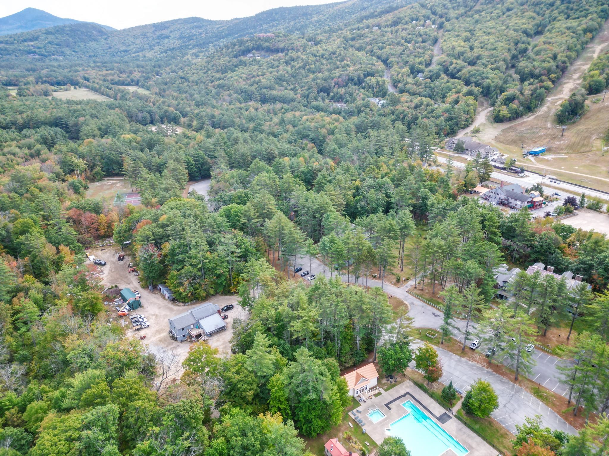 Aerial view of a wooded mountain community with a swimming pool and winding roads.