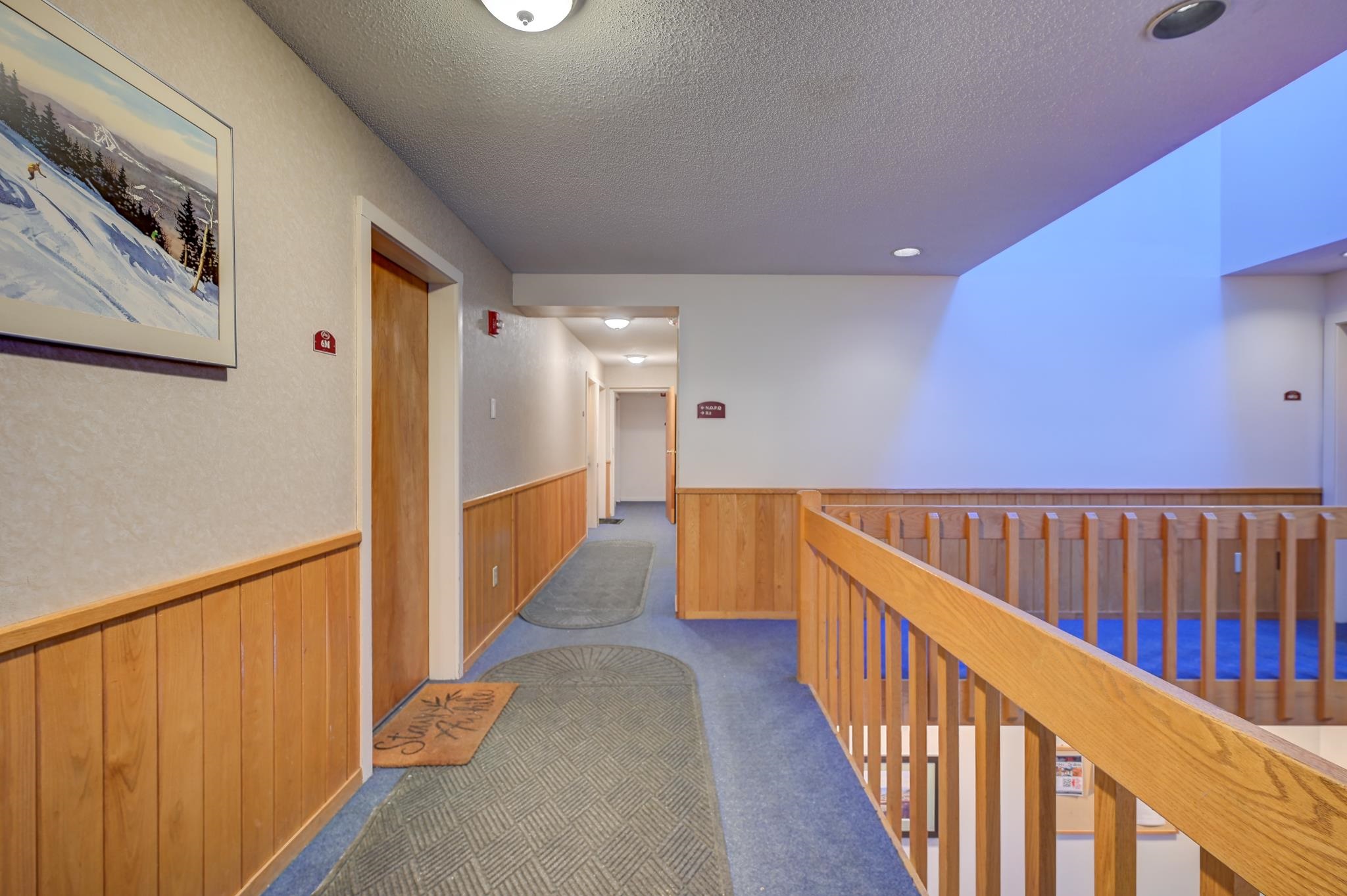 Condominium hallway with wood-paneled walls, blue carpet, and a wooden railing.