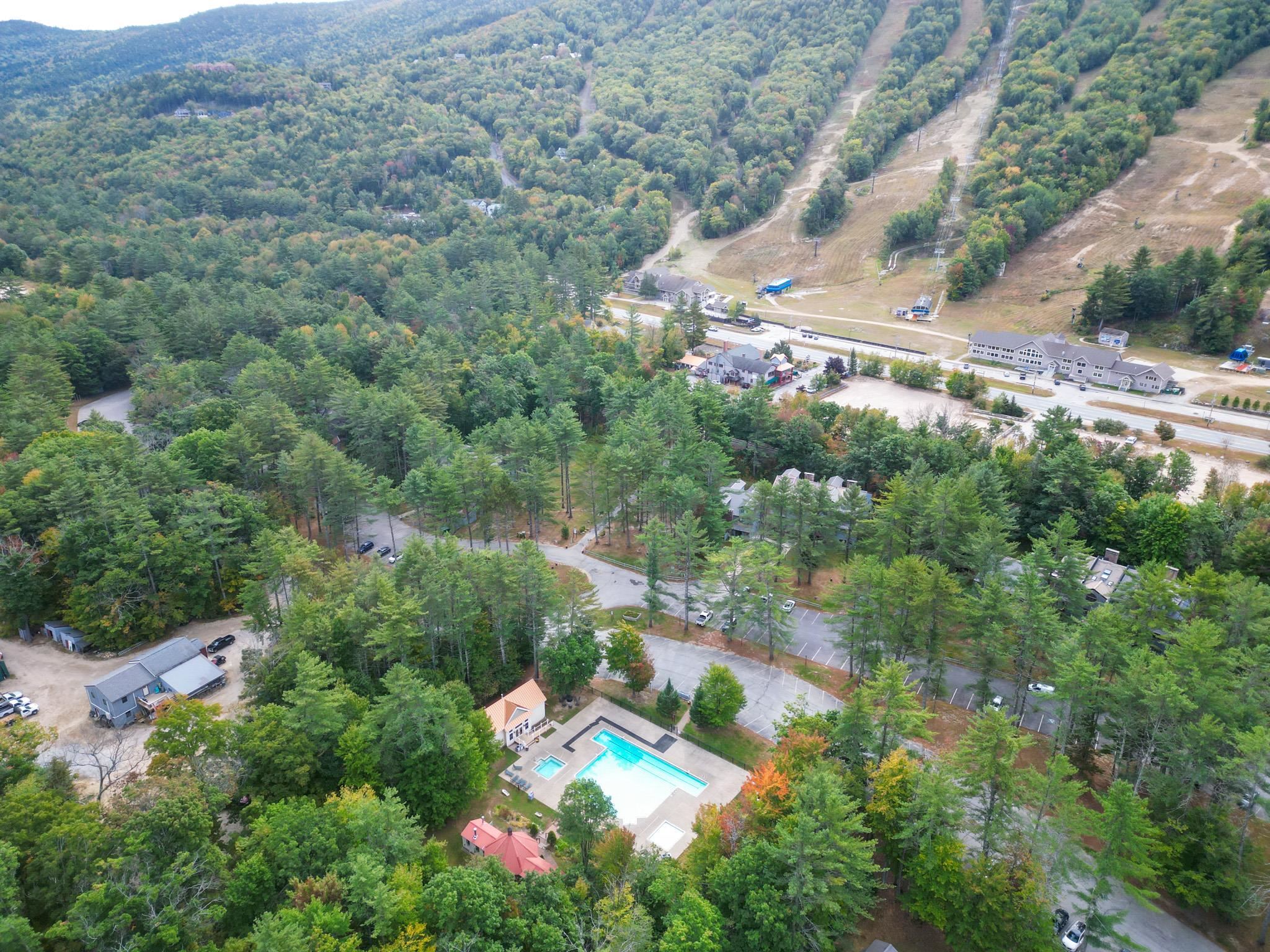Aerial view of a wooded resort community with an outdoor pool and ski trails on a hillside.
