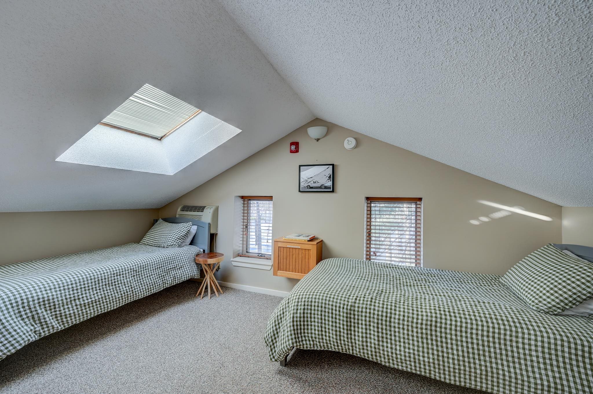 Attic bedroom with two checkered beds, a skylight, and sloped ceilings.