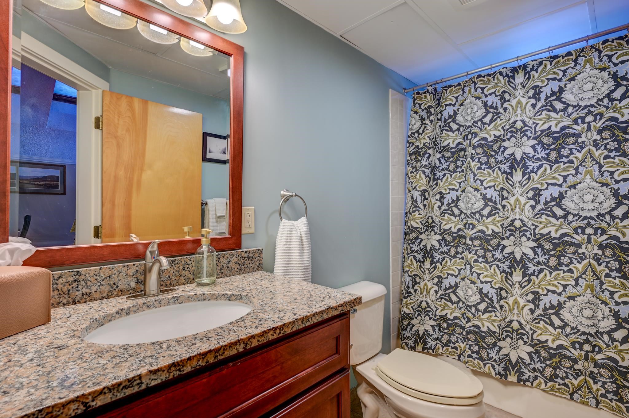 Bathroom with a granite vanity, large wood-framed mirror, and floral-patterned shower curtain.