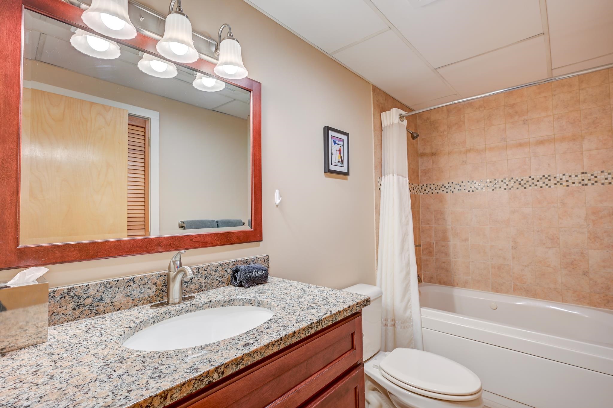 Bathroom with granite vanity and a tub-shower surrounded by peach tile.