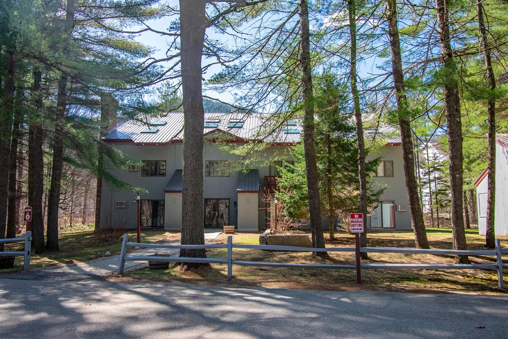Gray condominium building with a metal roof among evergreens, with a wooded mountain in the background.