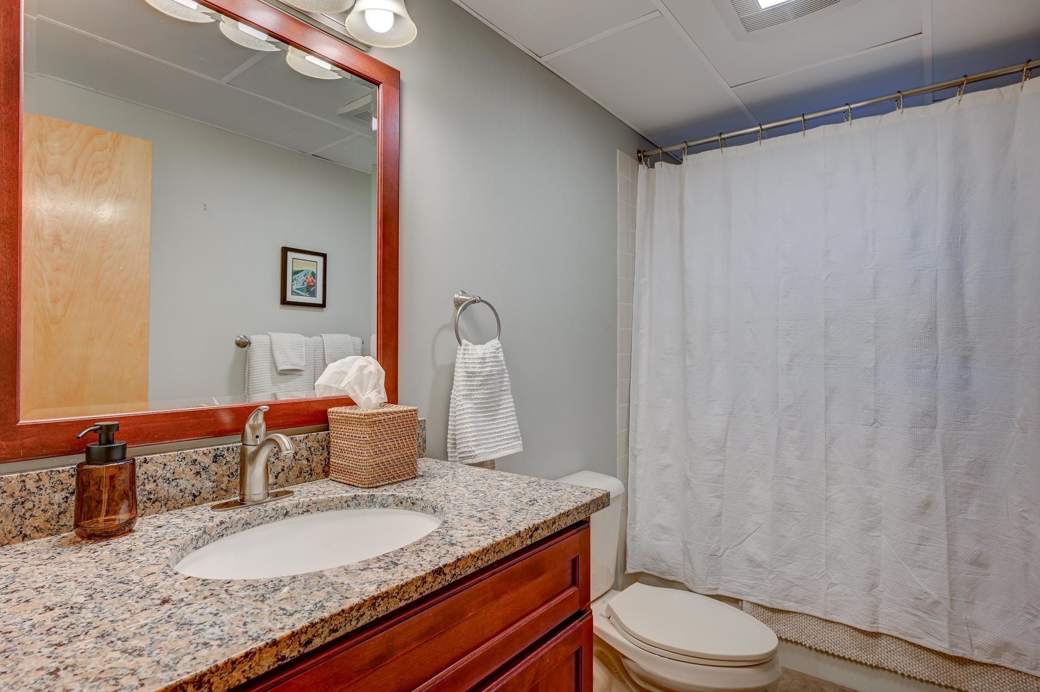 Bathroom with a granite vanity, oval sink, and white shower curtain.