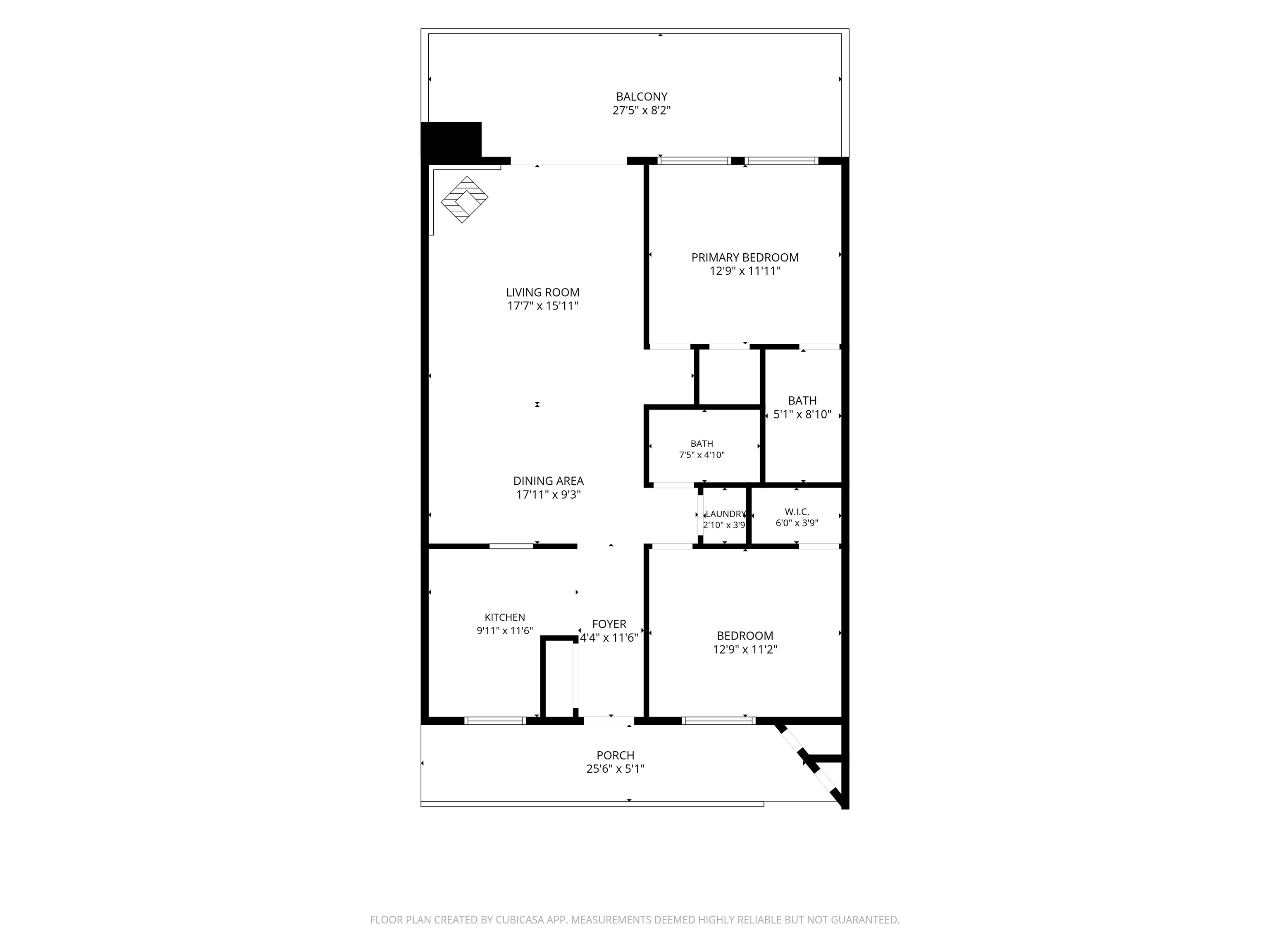Floor plan showing two bedrooms, two bathrooms, living and dining areas, kitchen, porch, and balcony.