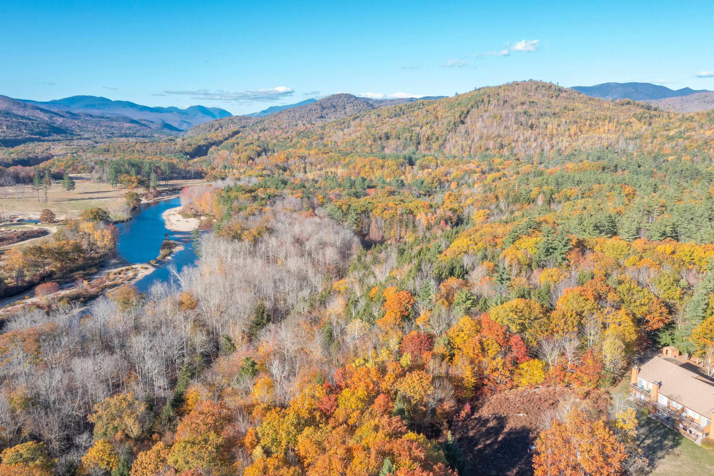 Aerial autumn view of a winding river, colorful forest, distant mountains, and a condominium building.