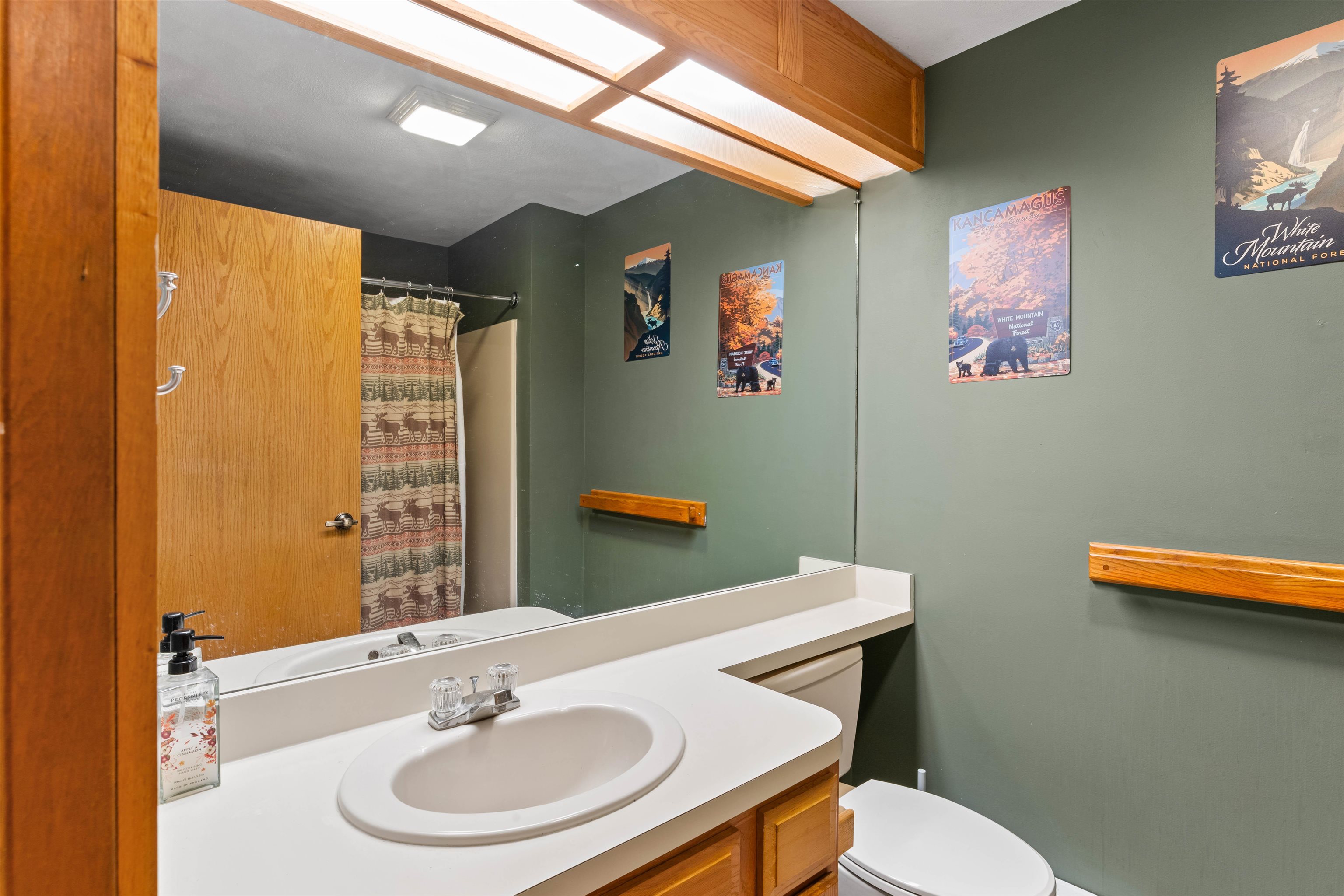 Bathroom with a white sink vanity, wood cabinets, green walls, and White Mountain posters.