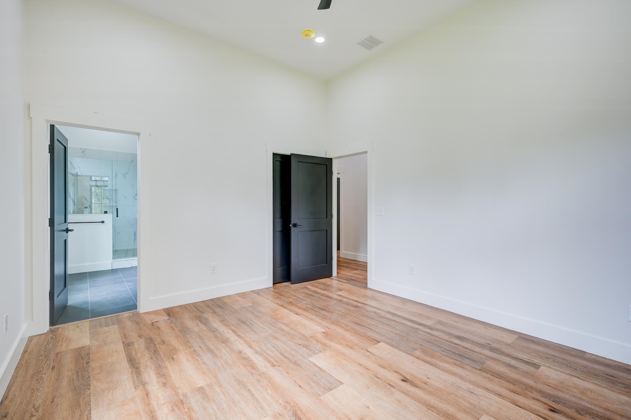 Empty room with wood-look flooring, dark doors, and an adjoining tiled bathroom.
