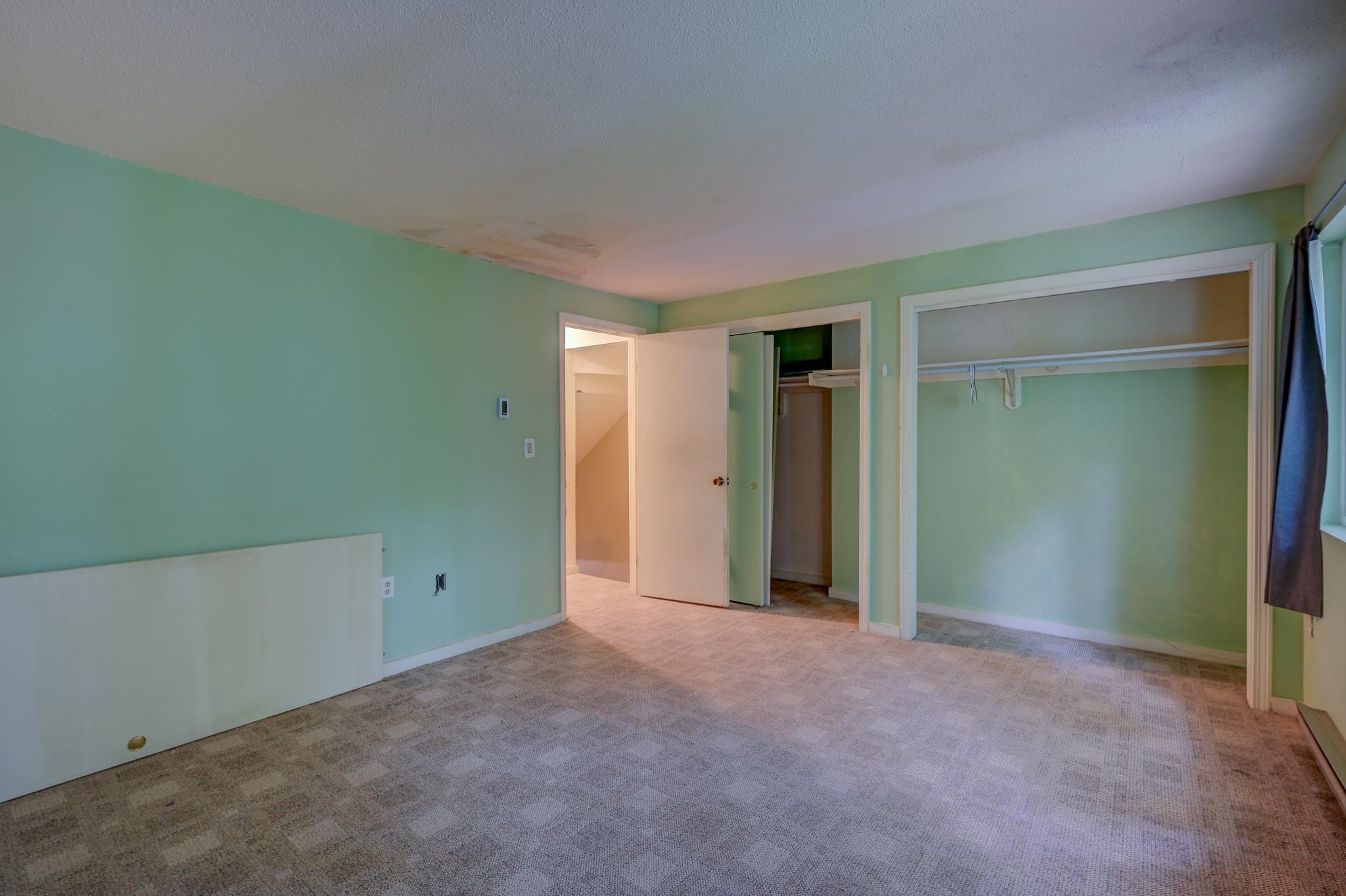 Empty bedroom with pale green walls, beige carpet, and an open closet.