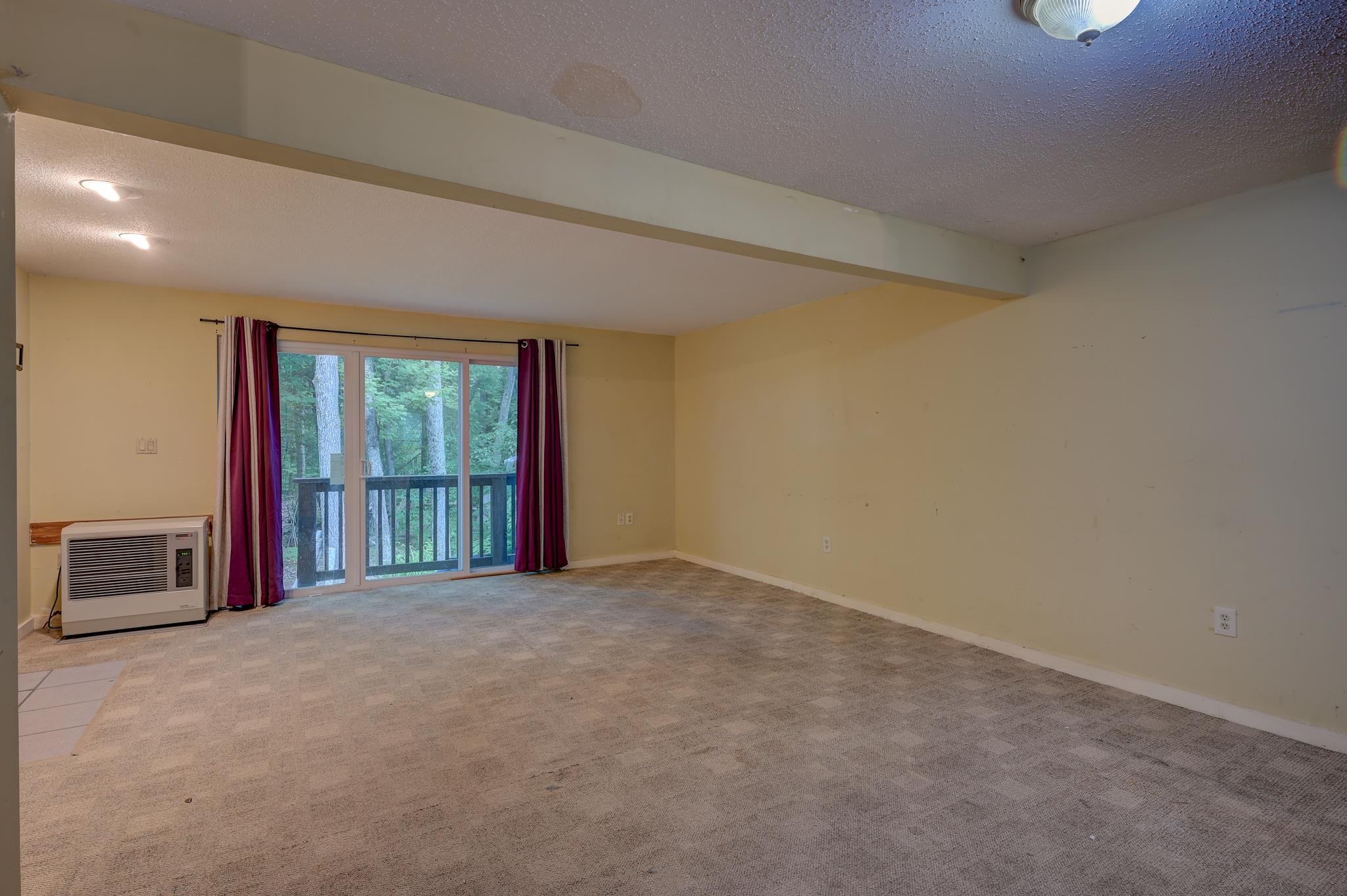 Vacant living room with carpet, burgundy curtains, and a sliding glass door overlooking trees.