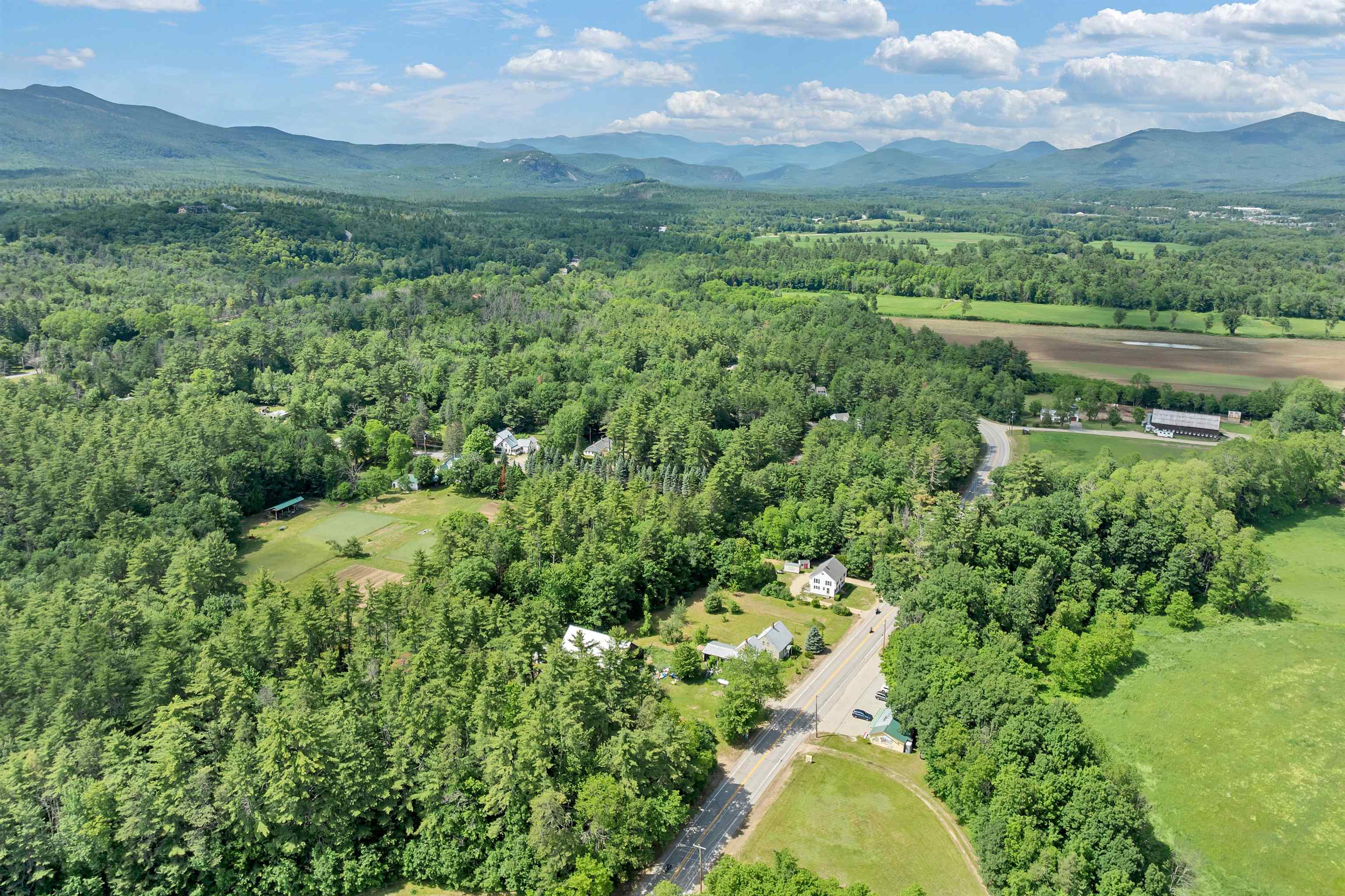 Aerial view of a wooded Conway property beside a road, with open fields and distant mountains.