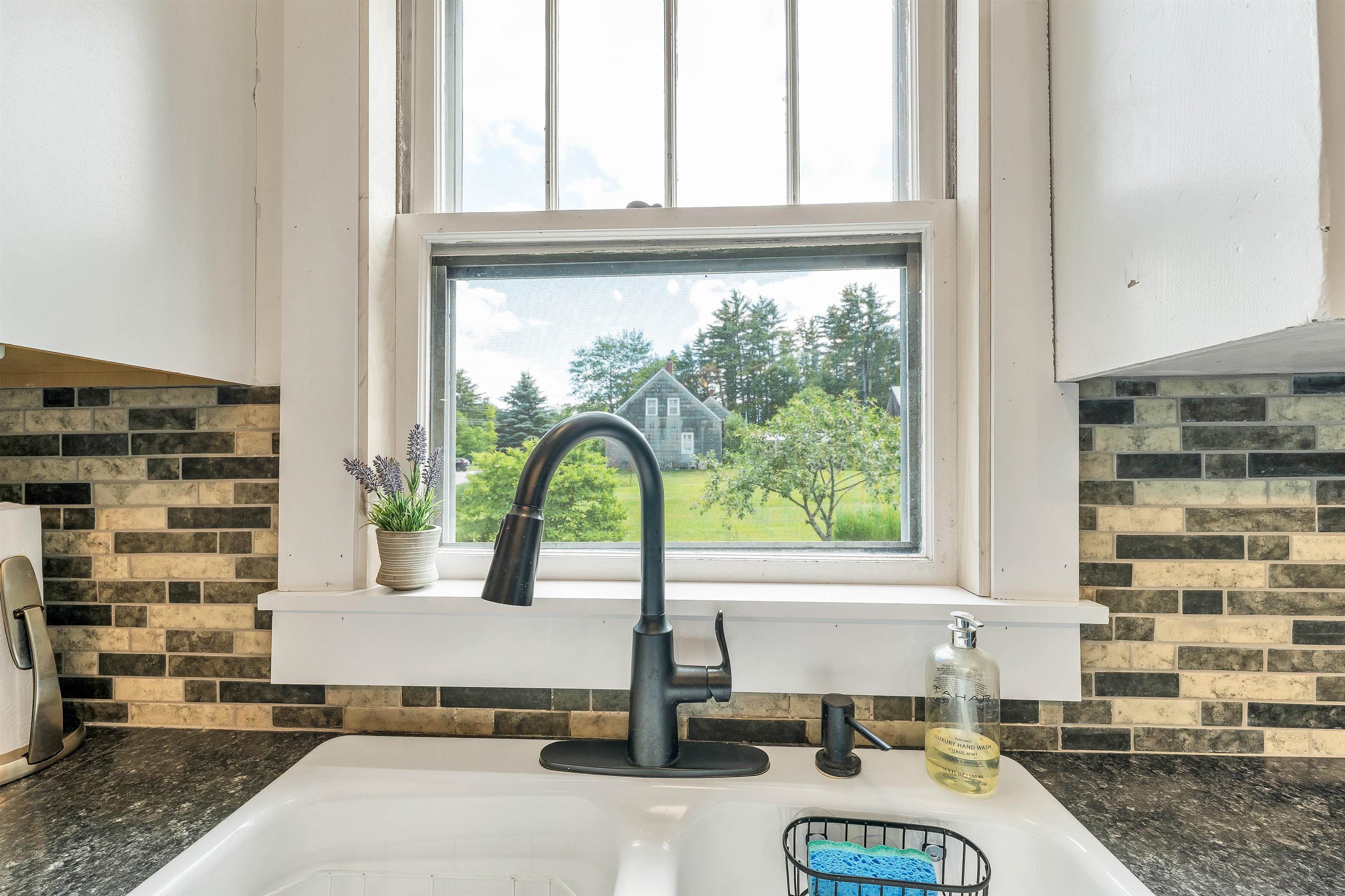 Kitchen sink with a black faucet beneath a window overlooking a lawn, trees, and a neighboring house.