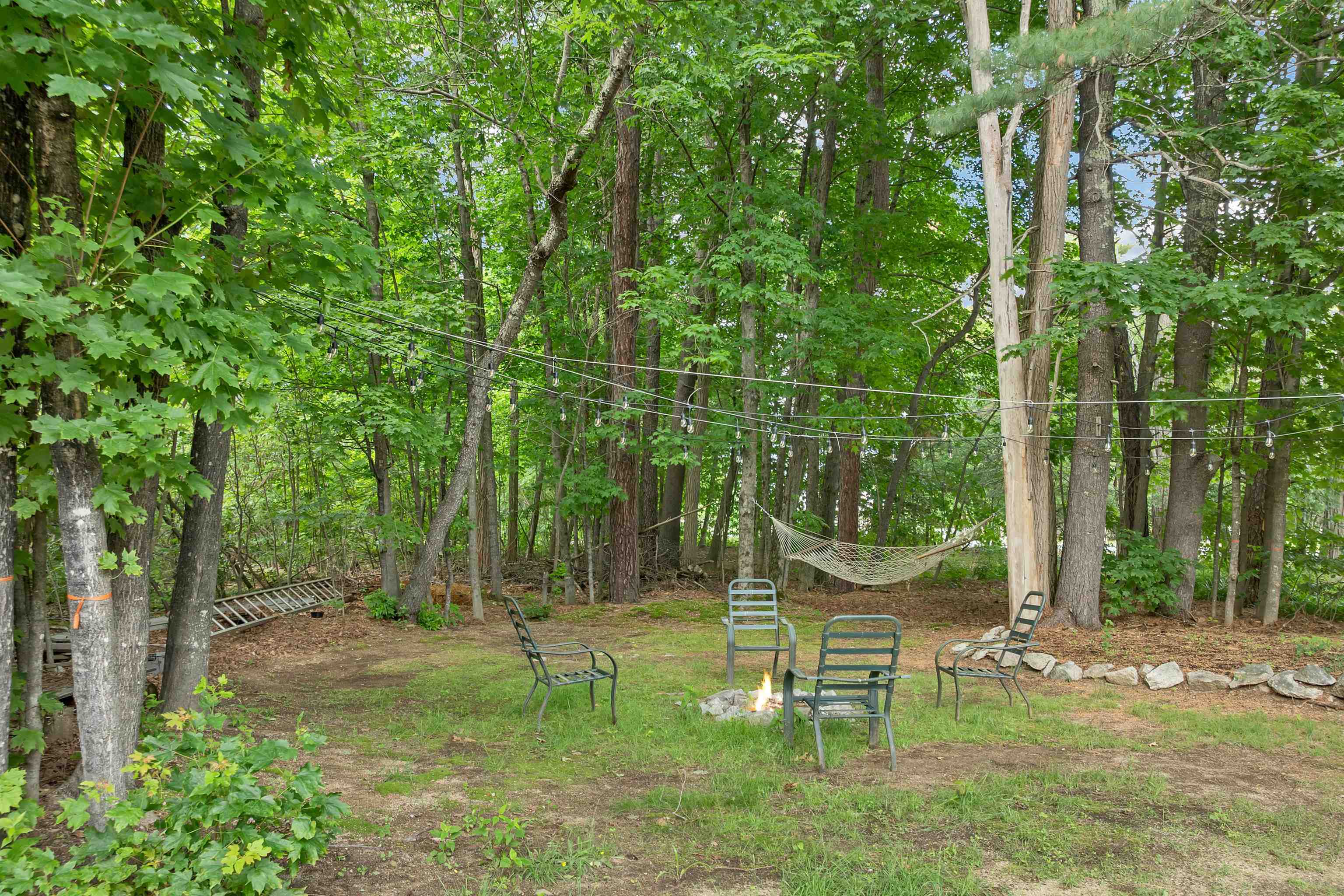 Wooded backyard seating area with a fire pit, hammock, and overhead string lights.