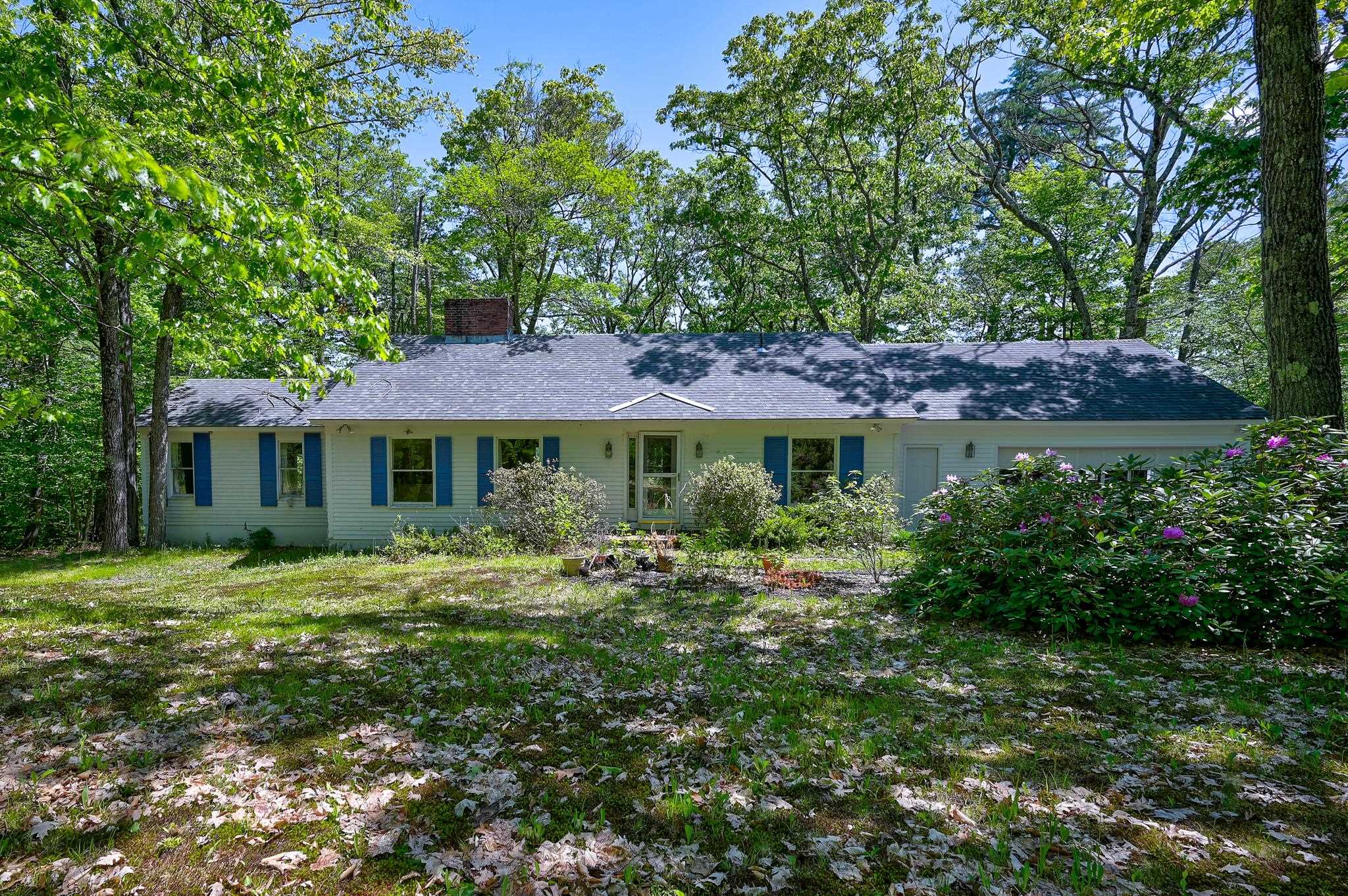 Single-story house with blue shutters, framed by trees and flowering rhododendrons.
