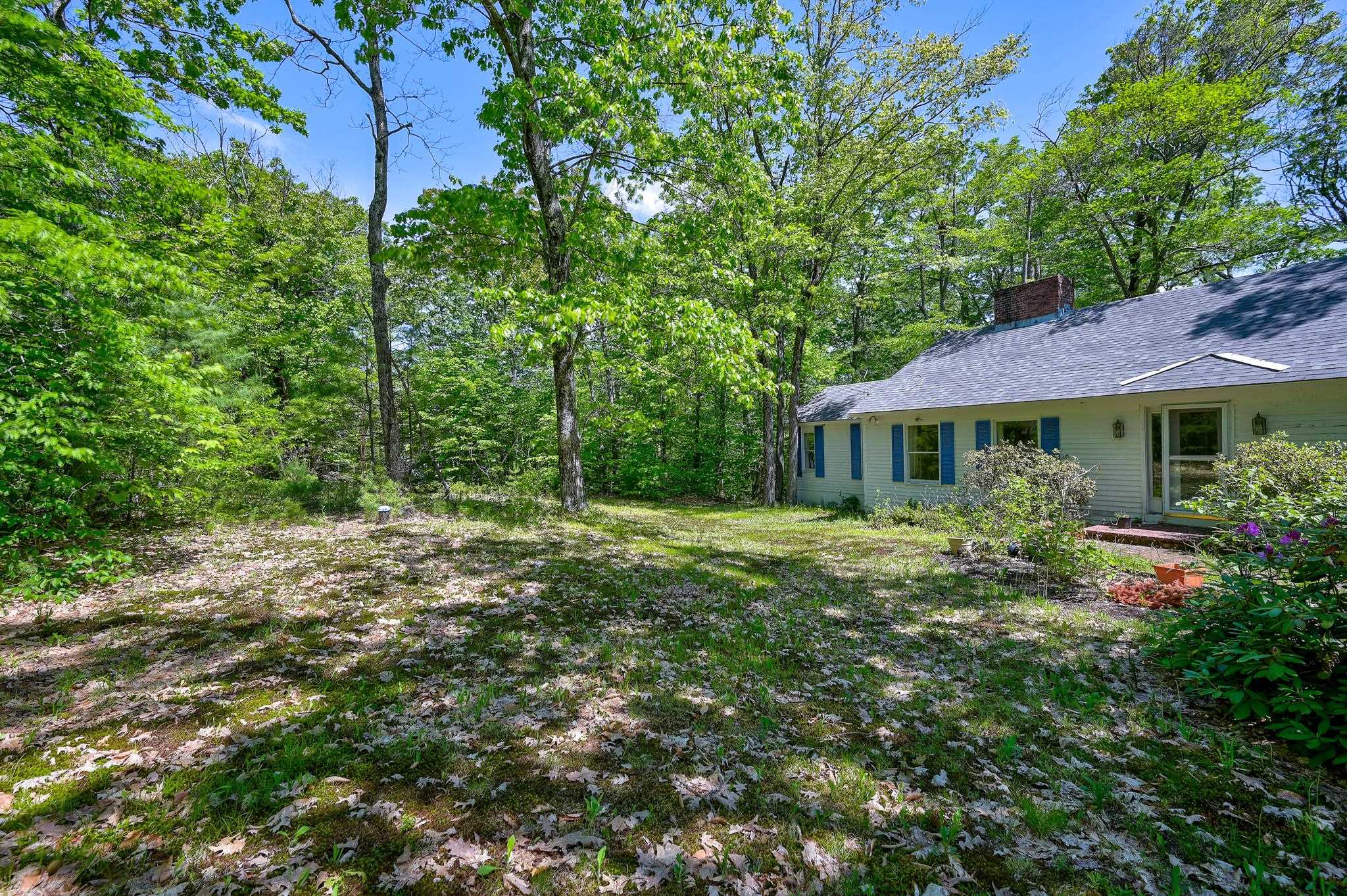 White house with blue shutters beside a leafy, wooded yard.