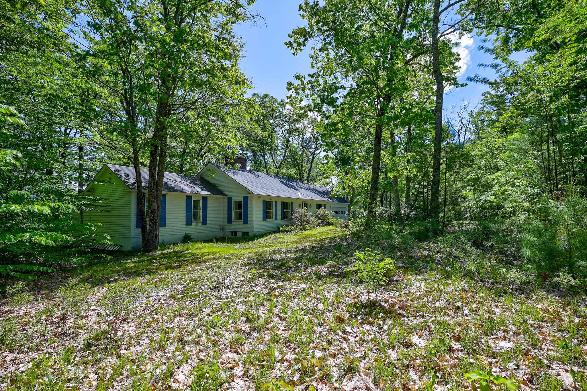 Pale green single-story house with blue shutters among trees on a wooded lot.