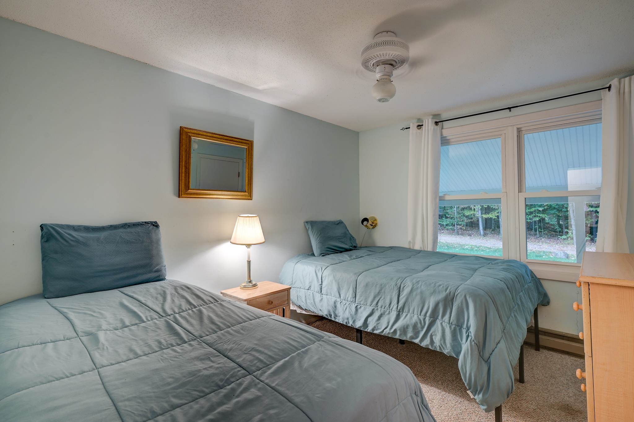 Bedroom with two blue-gray twin beds, a nightstand, and large windows overlooking trees.