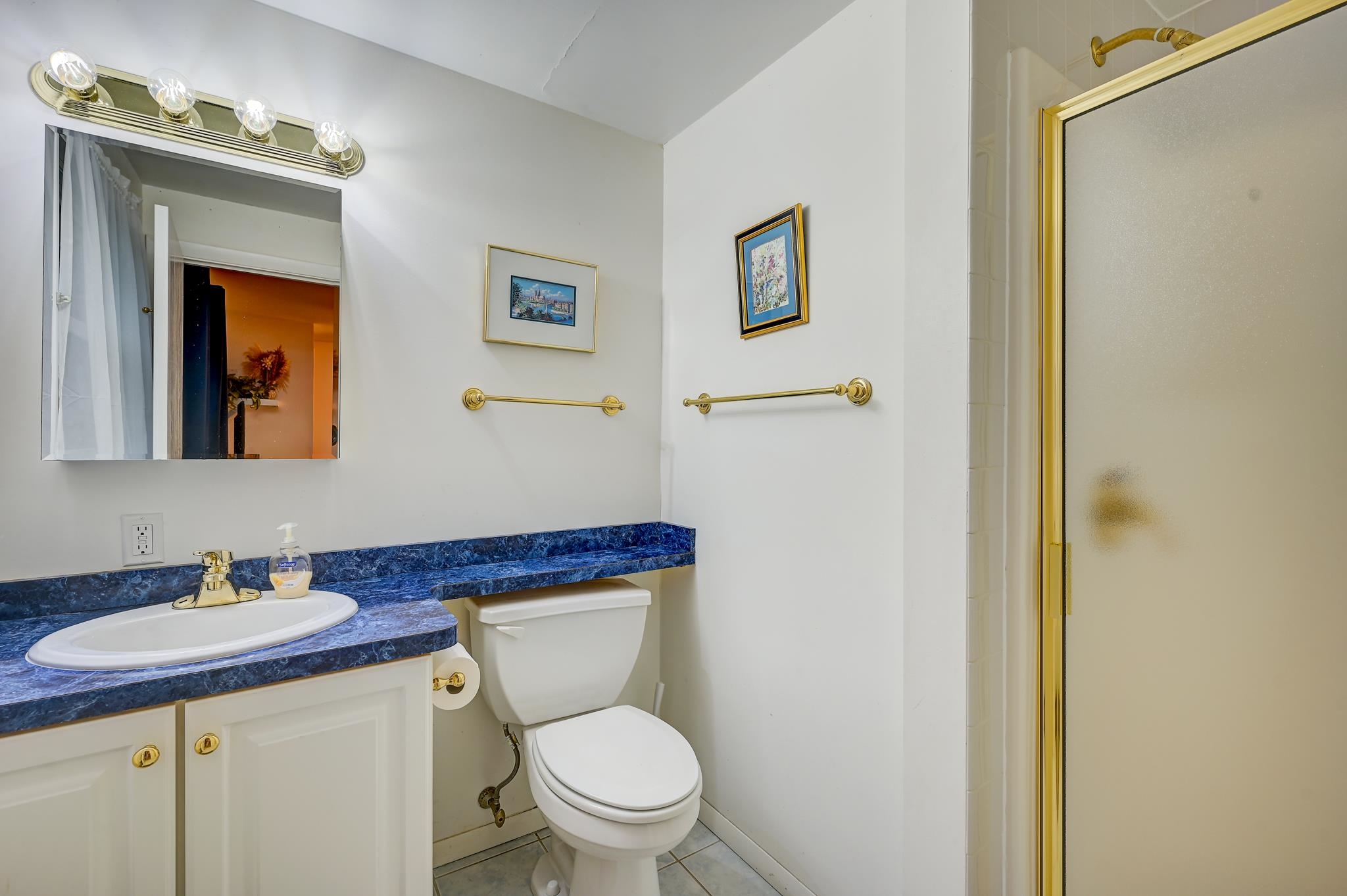 Bathroom with blue countertop, white vanity and toilet beside a frosted-glass shower.