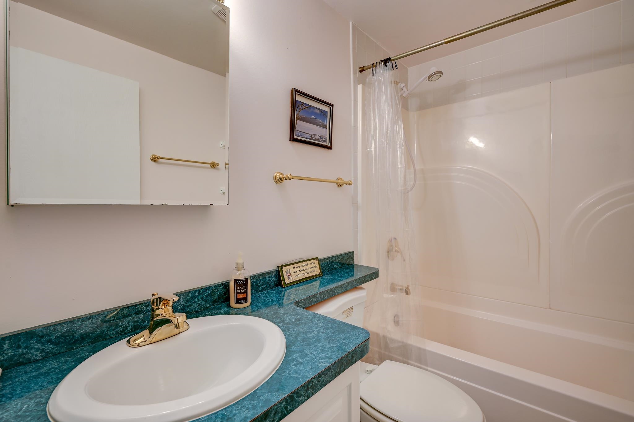 Bathroom with a teal countertop, white sink, mirrored cabinet, and tub-shower behind a clear curtain.