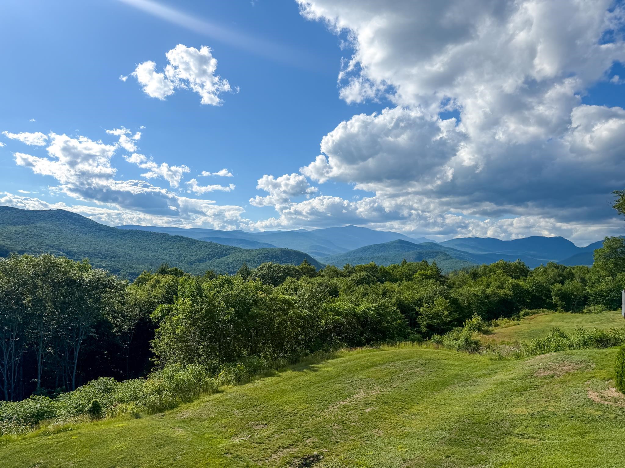 Grassy hillside overlooks layered forested mountains beneath a blue sky with large clouds.