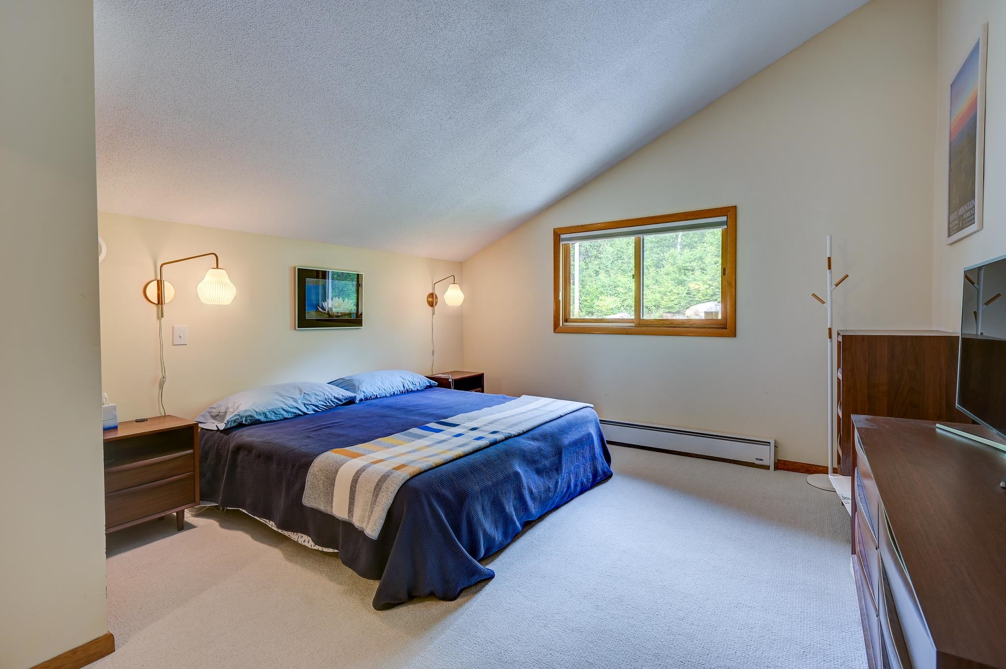 Furnished bedroom with a king-size bed in blue bedding and a wood-trimmed window overlooking trees.