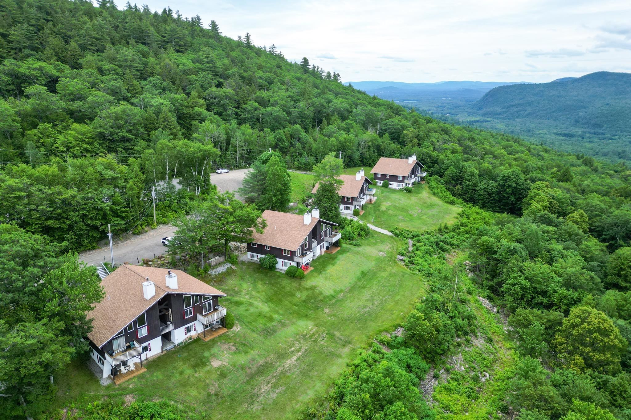 Aerial view of homes on a forested hillside, with a broad lawn and mountain valley beyond.
