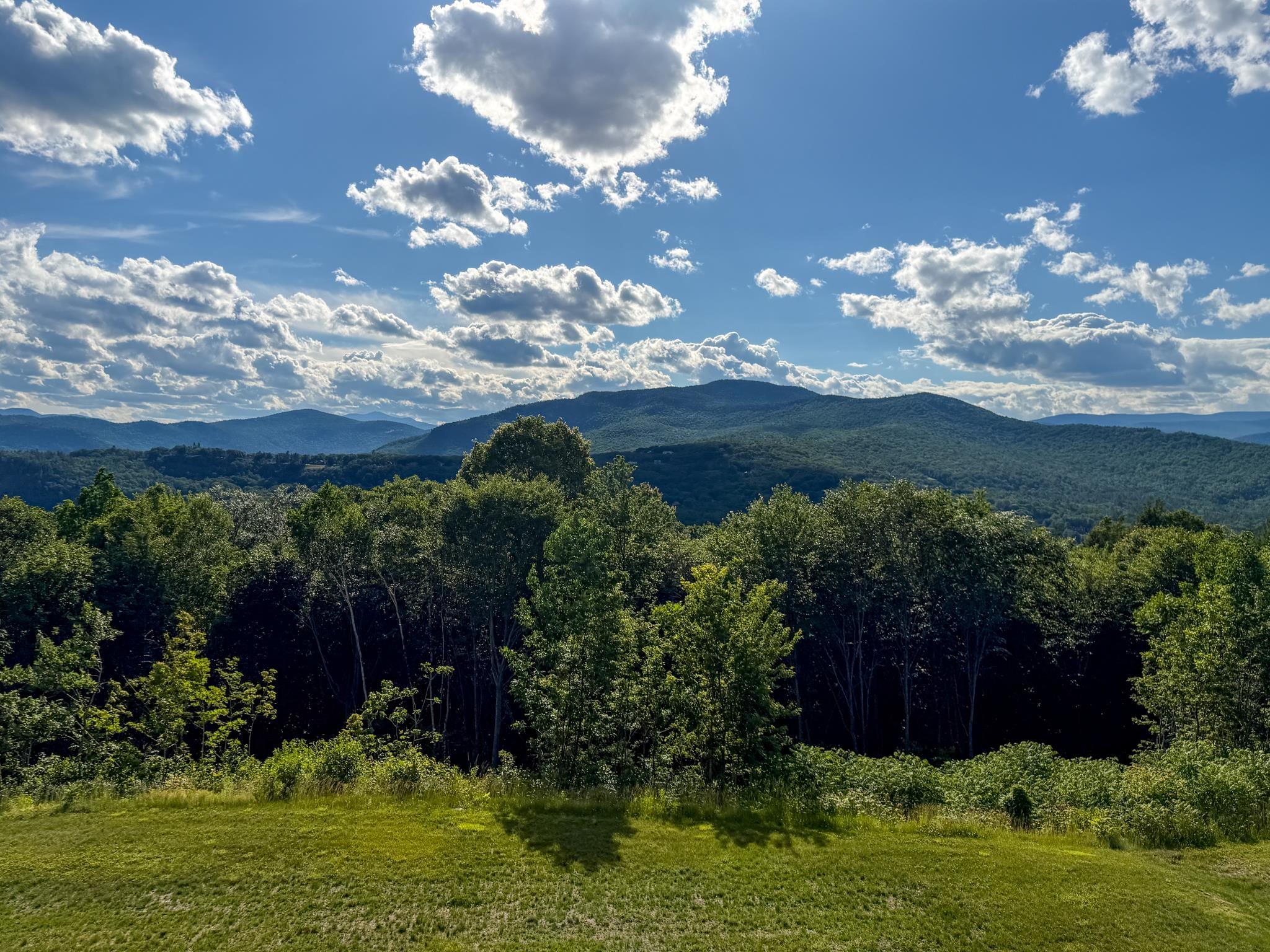 Mountain ridges rise beyond a wooded treeline and grassy lawn under a bright, cloud-filled sky.