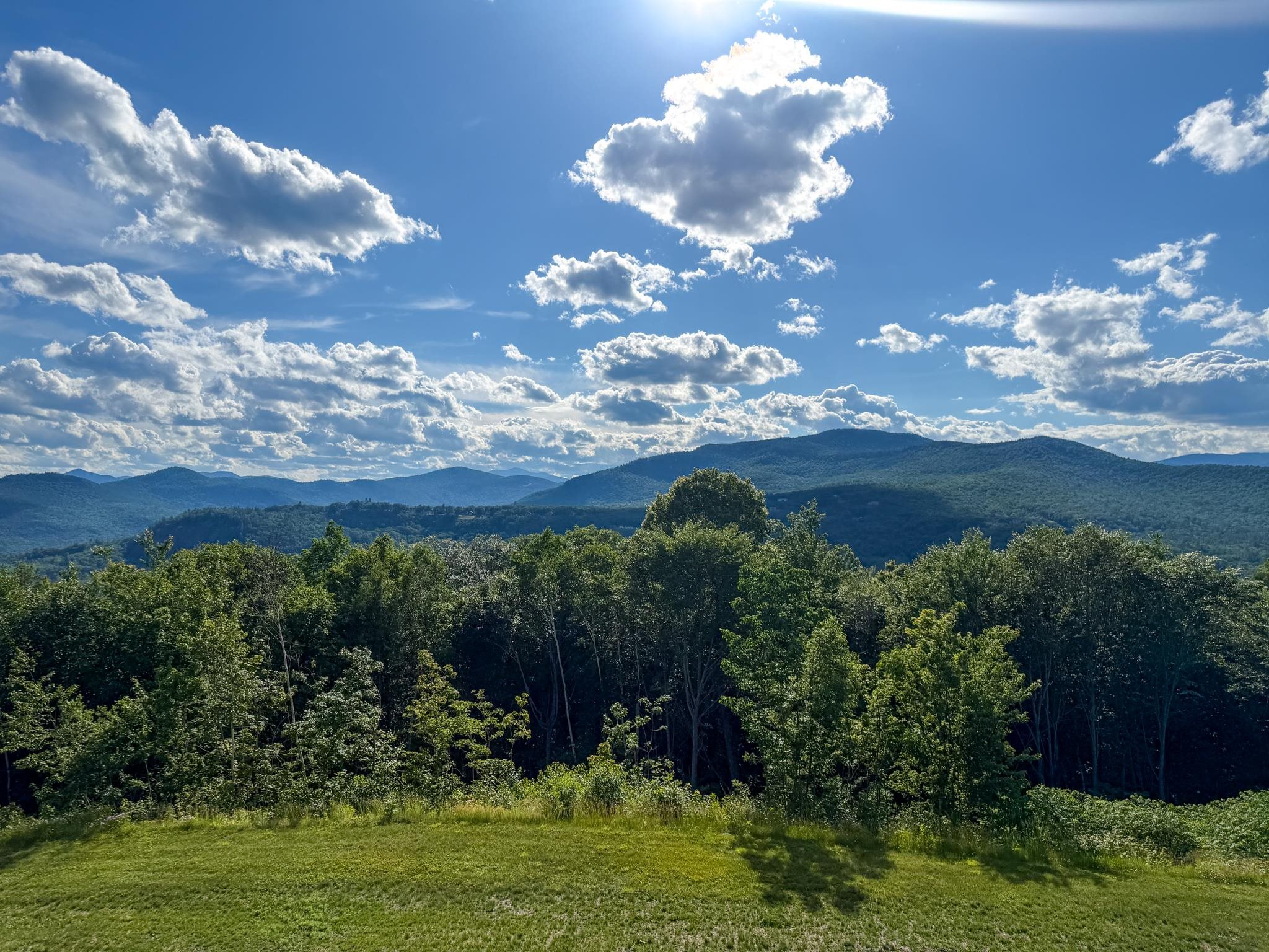 Mountain vista beyond a grassy clearing and wooded hillside beneath a cloud-filled blue sky.