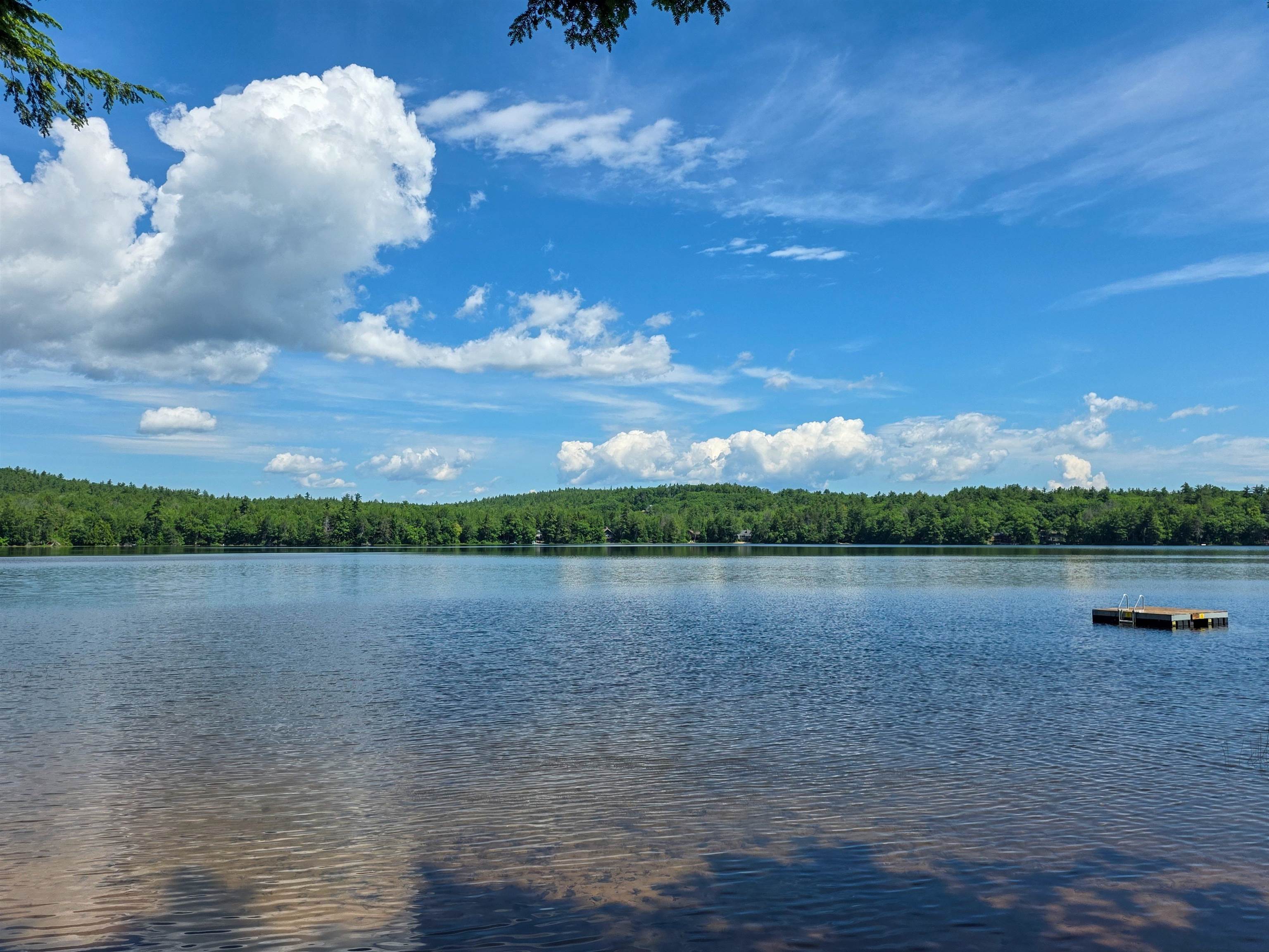 Lake view with a tree-lined shore and a small floating dock beneath a cloud-filled sky.