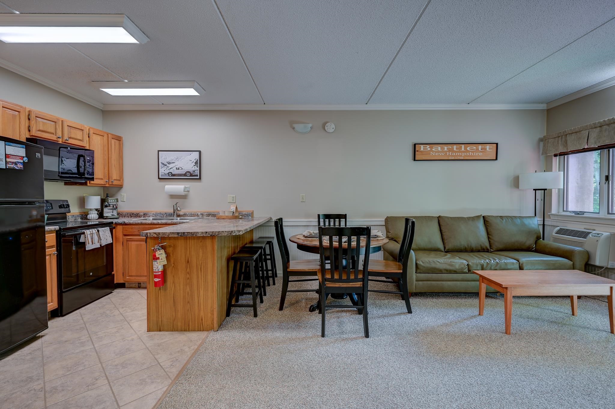 Open-plan living room and kitchen with a wood breakfast bar, dining table, and green sofa.