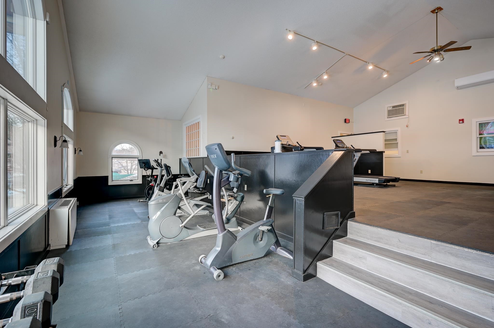 Fitness room with exercise bikes, a treadmill, and dumbbells beside large windows.